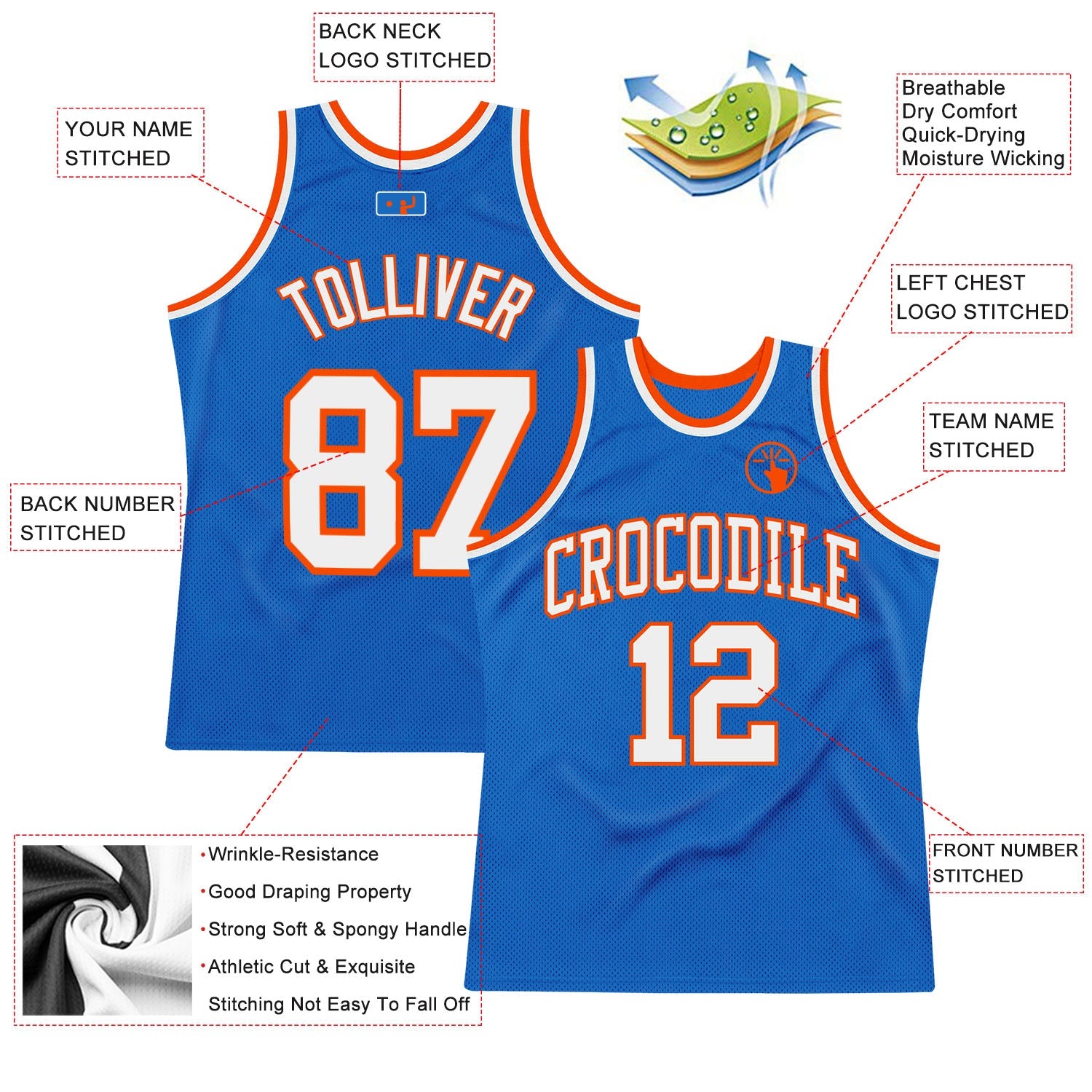 Custom Blue White-Orange Authentic Throwback Basketball Jersey view 2