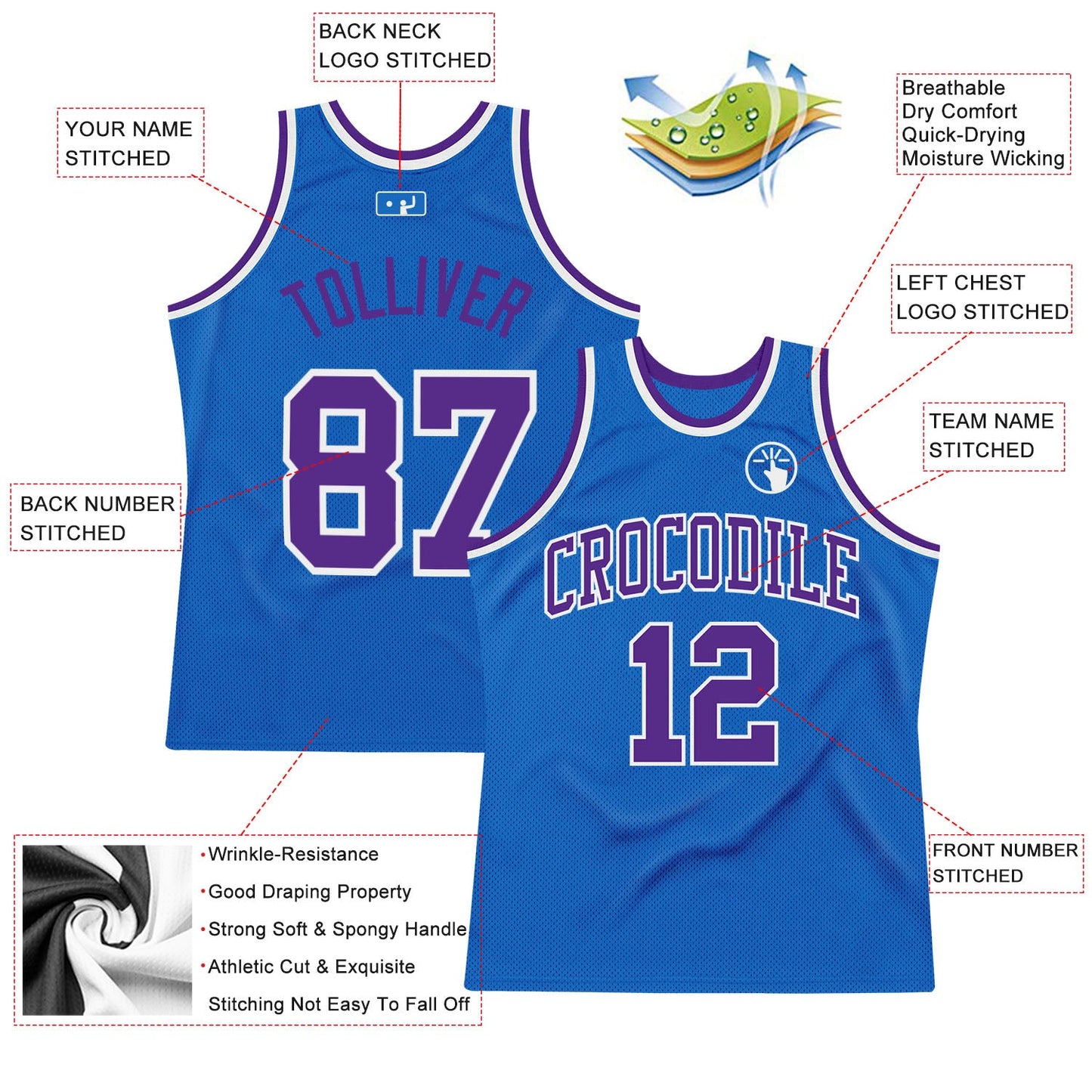 Custom Blue Purple-White Authentic Throwback Basketball Jersey view 2