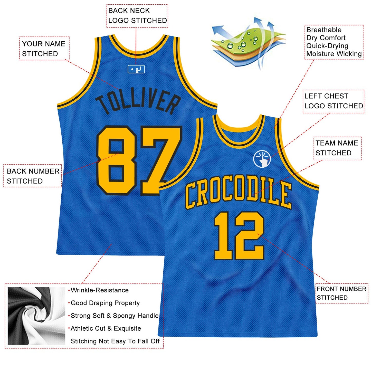 Custom Blue Gold-Black Authentic Throwback Basketball Jersey view 2