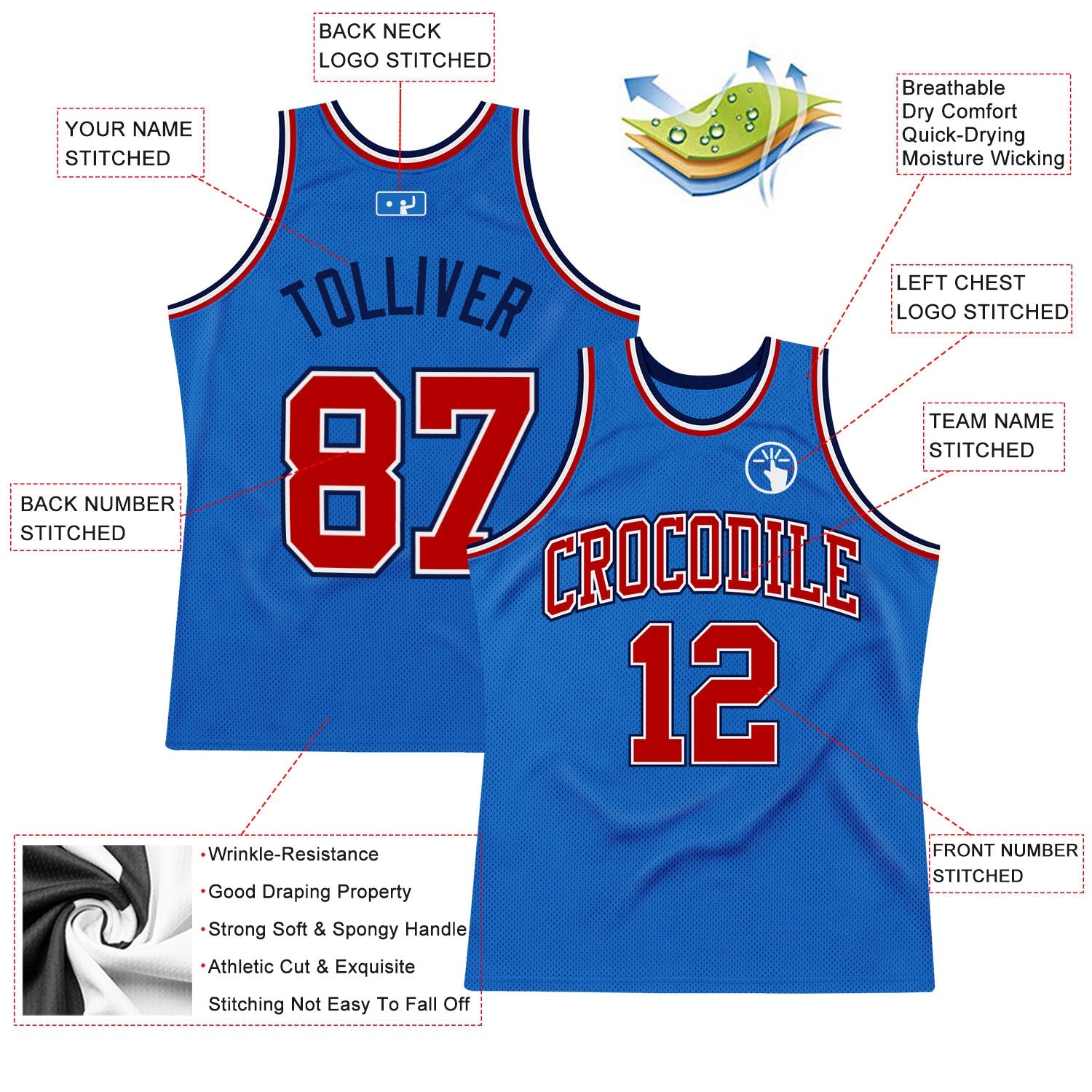 Custom Blue Red-Navy Authentic Throwback Basketball Jersey view 2