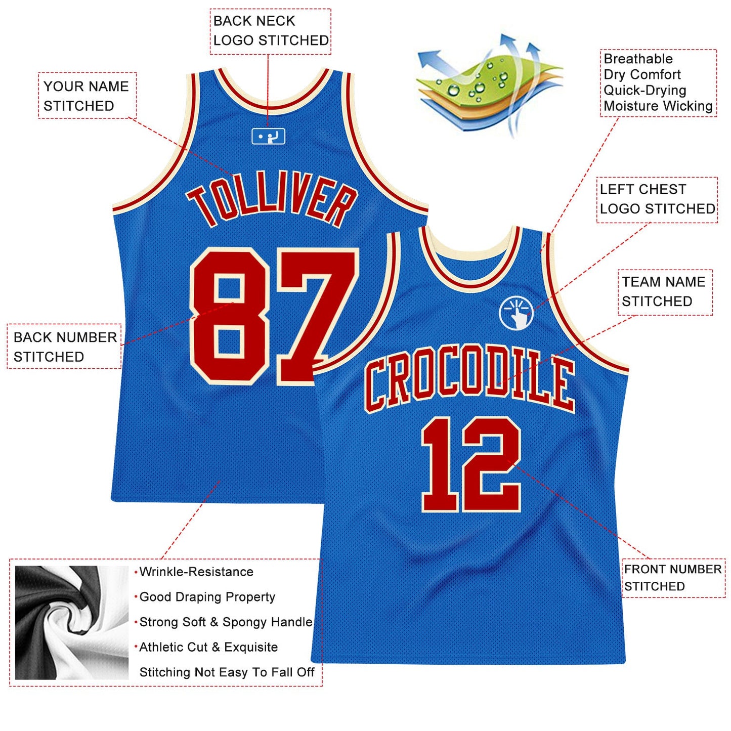 Custom Blue Red-Cream Authentic Throwback Basketball Jersey view 2