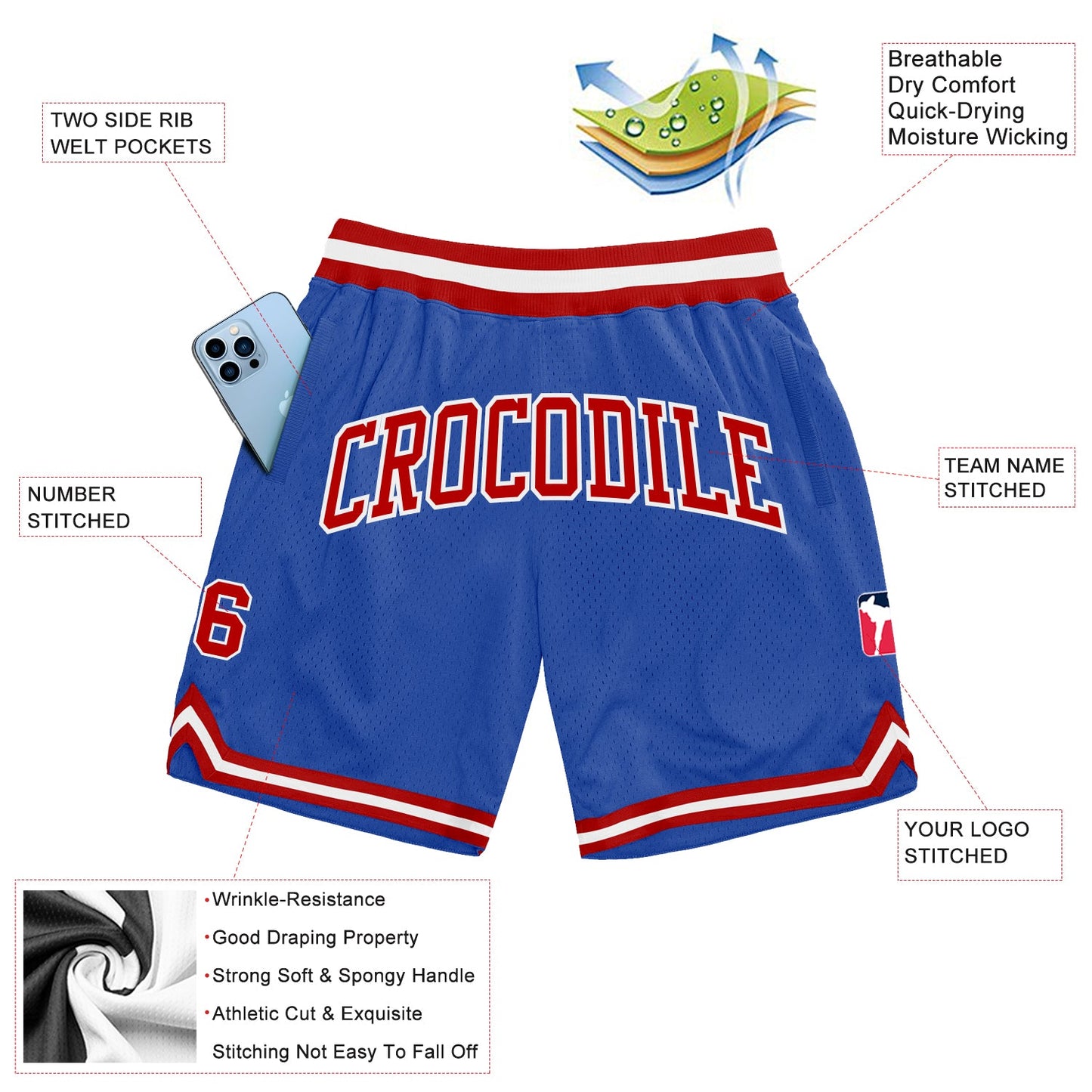 Custom Blue Red-White Authentic Throwback Basketball Shorts view 2