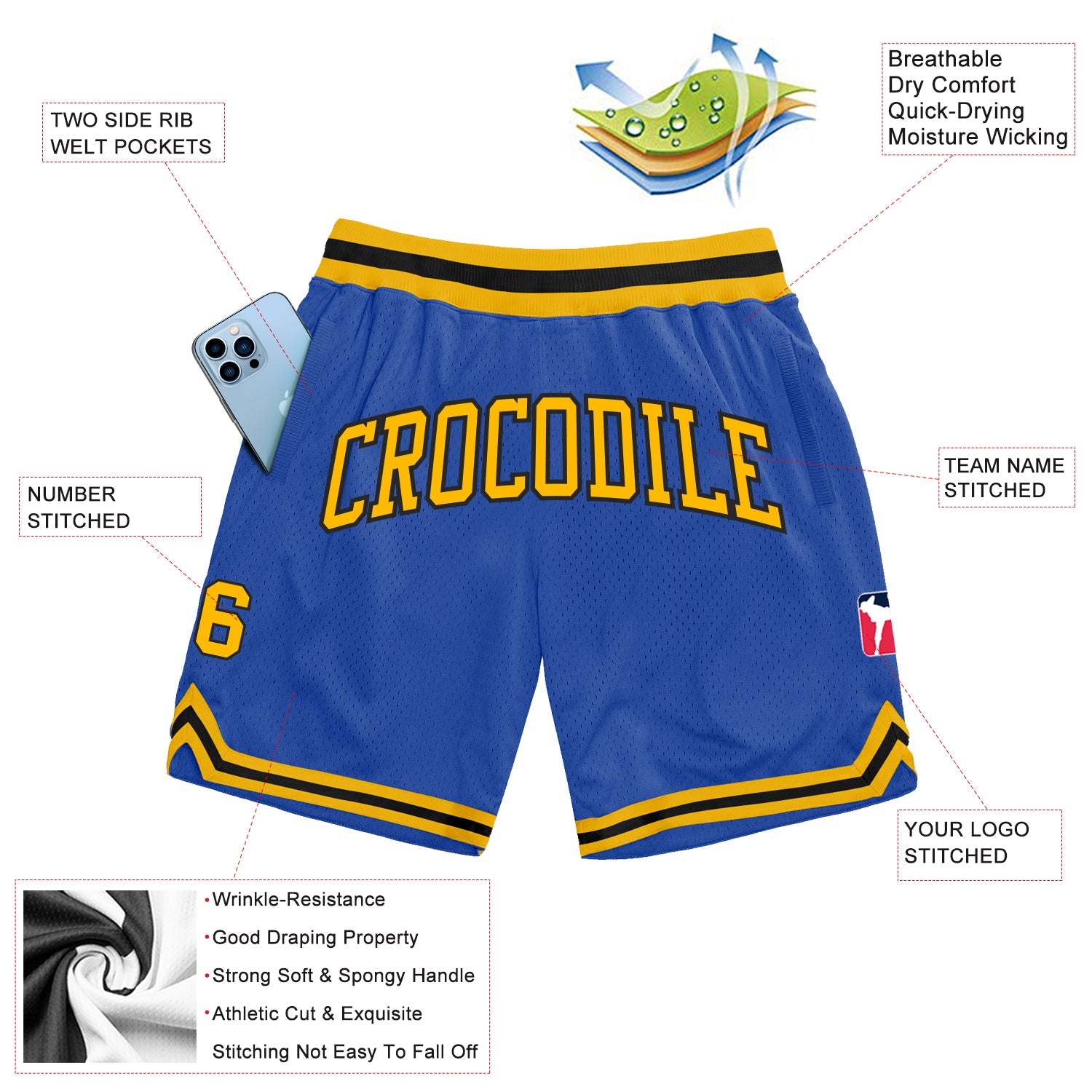 Custom Blue Gold-Black Authentic Throwback Basketball Shorts view 2