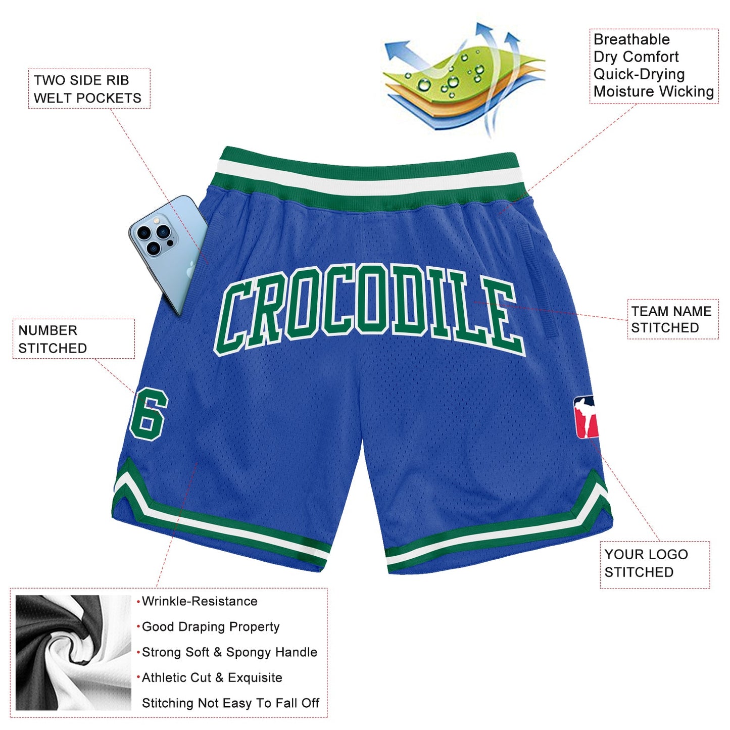 Custom Blue Kelly Green-White Authentic Throwback Basketball Shorts view 2