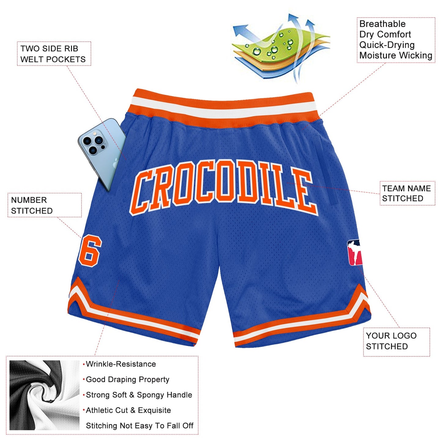 Custom Blue Orange-White Authentic Throwback Basketball Shorts view 2