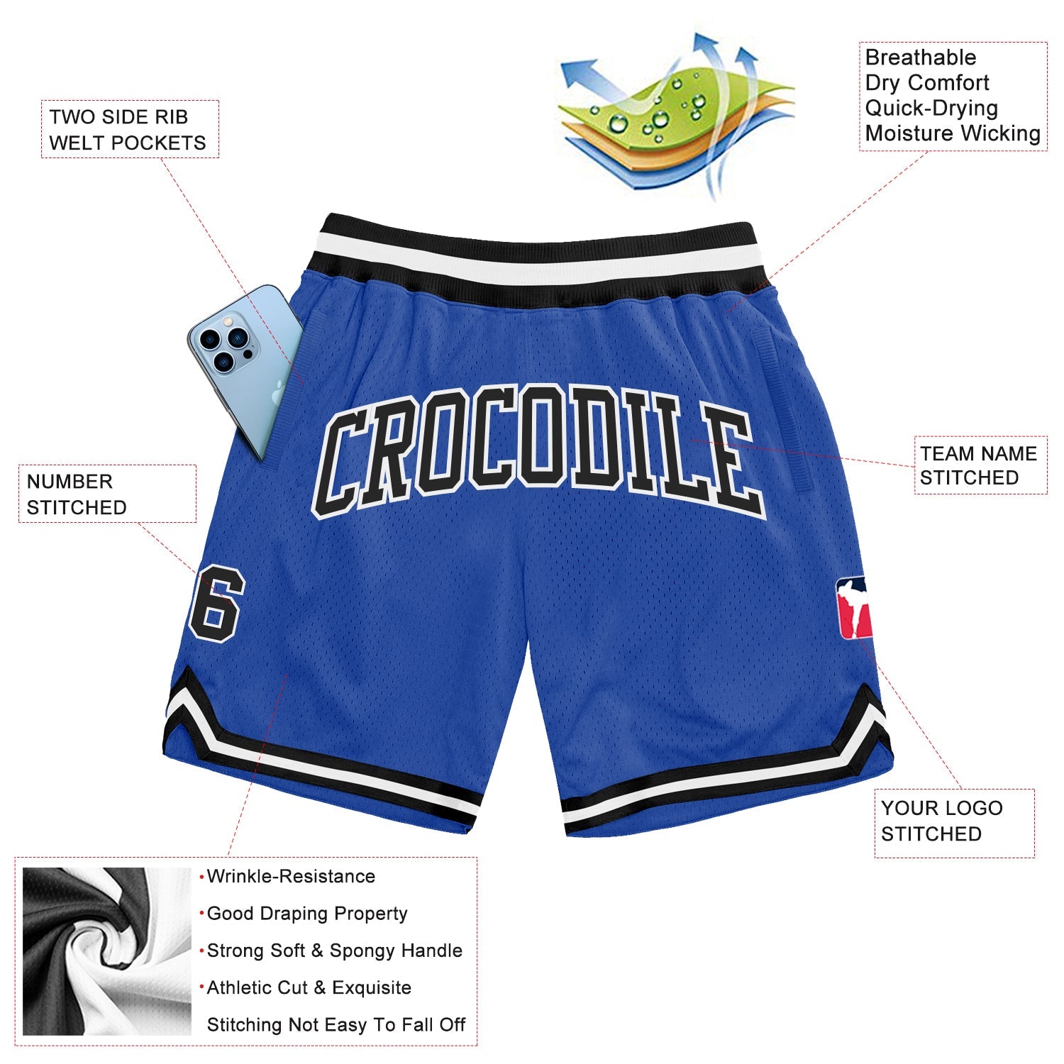 Custom Blue Black-White Authentic Throwback Basketball Shorts view 2