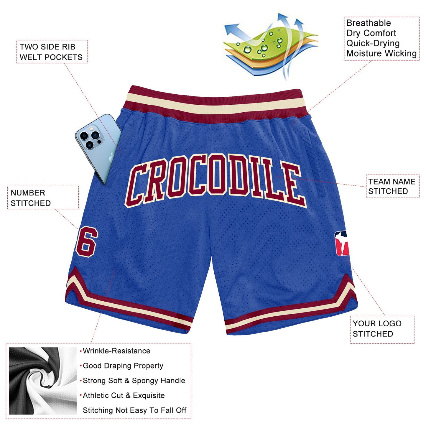 Custom Blue Maroon-Cream Authentic Throwback Basketball Shorts view 2