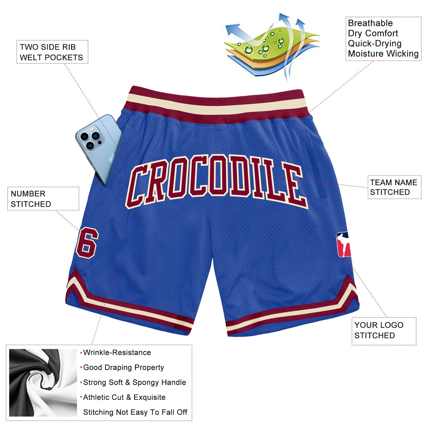 Custom Blue Maroon-Cream Authentic Throwback Basketball Shorts view 2