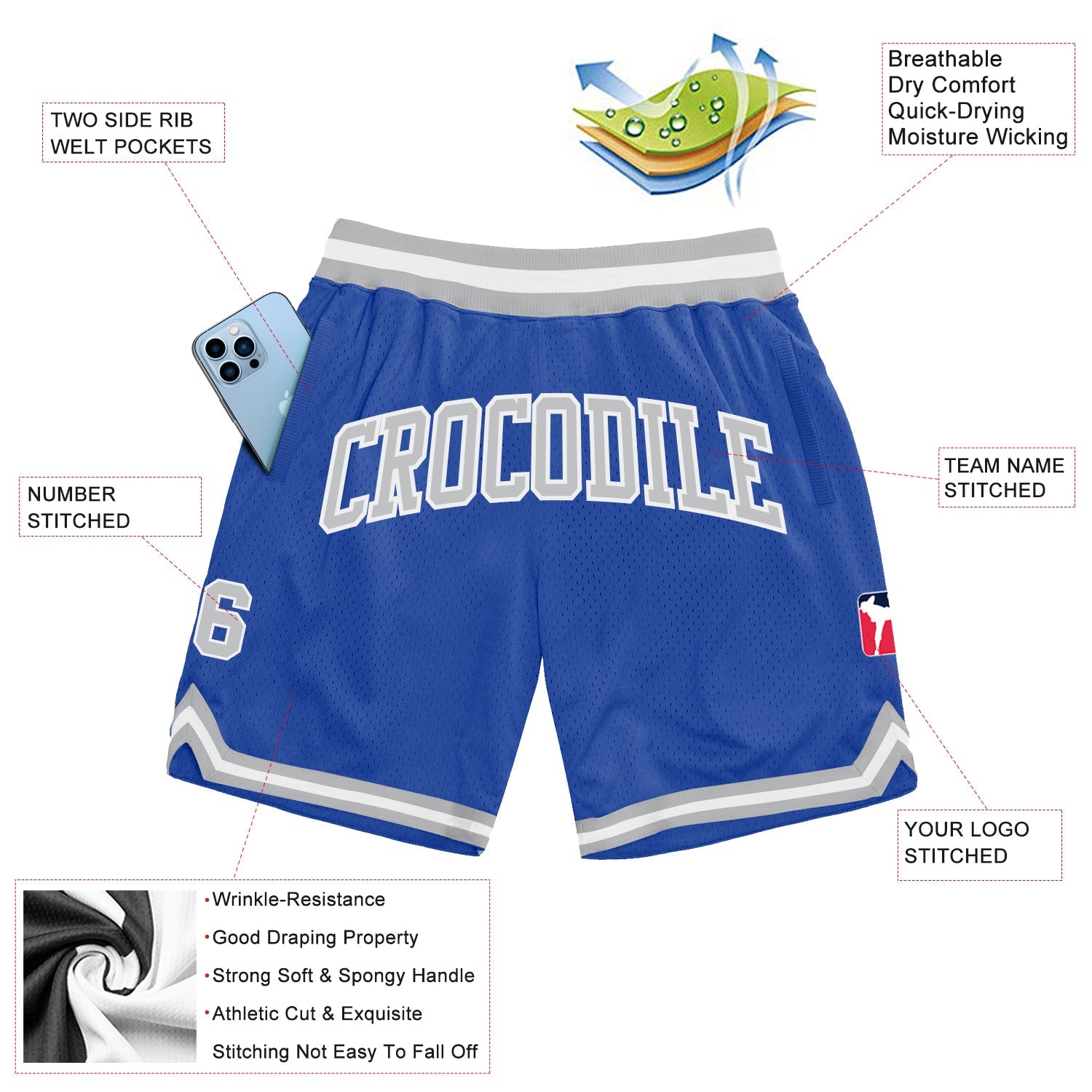 Custom Blue Gray-White Authentic Throwback Basketball Shorts view 2