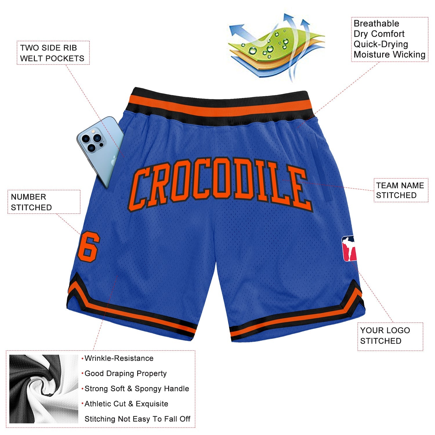 Custom Blue Orange-Black Authentic Throwback Basketball Shorts view 2