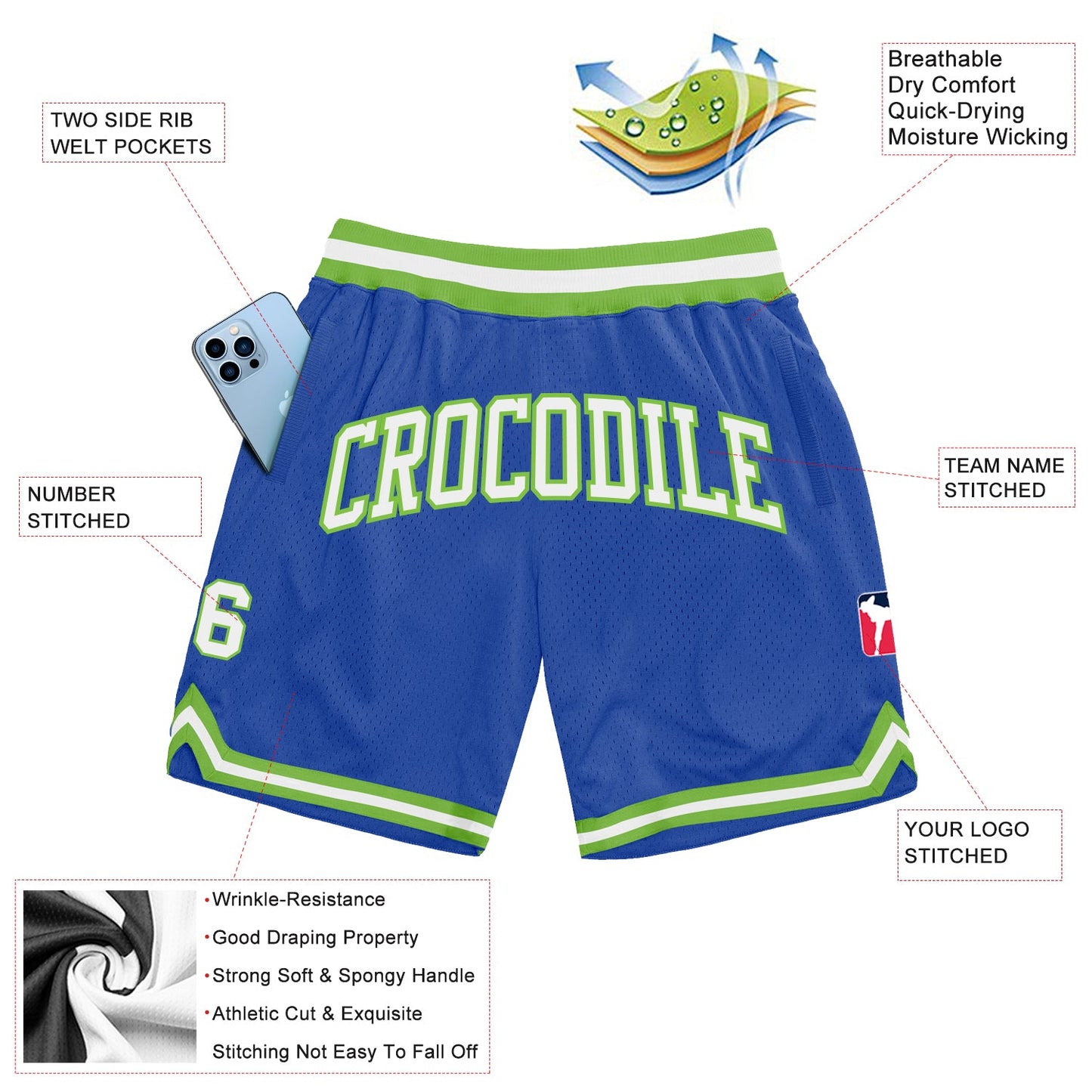 Custom Blue White-Neon Green Authentic Throwback Basketball Shorts view 2