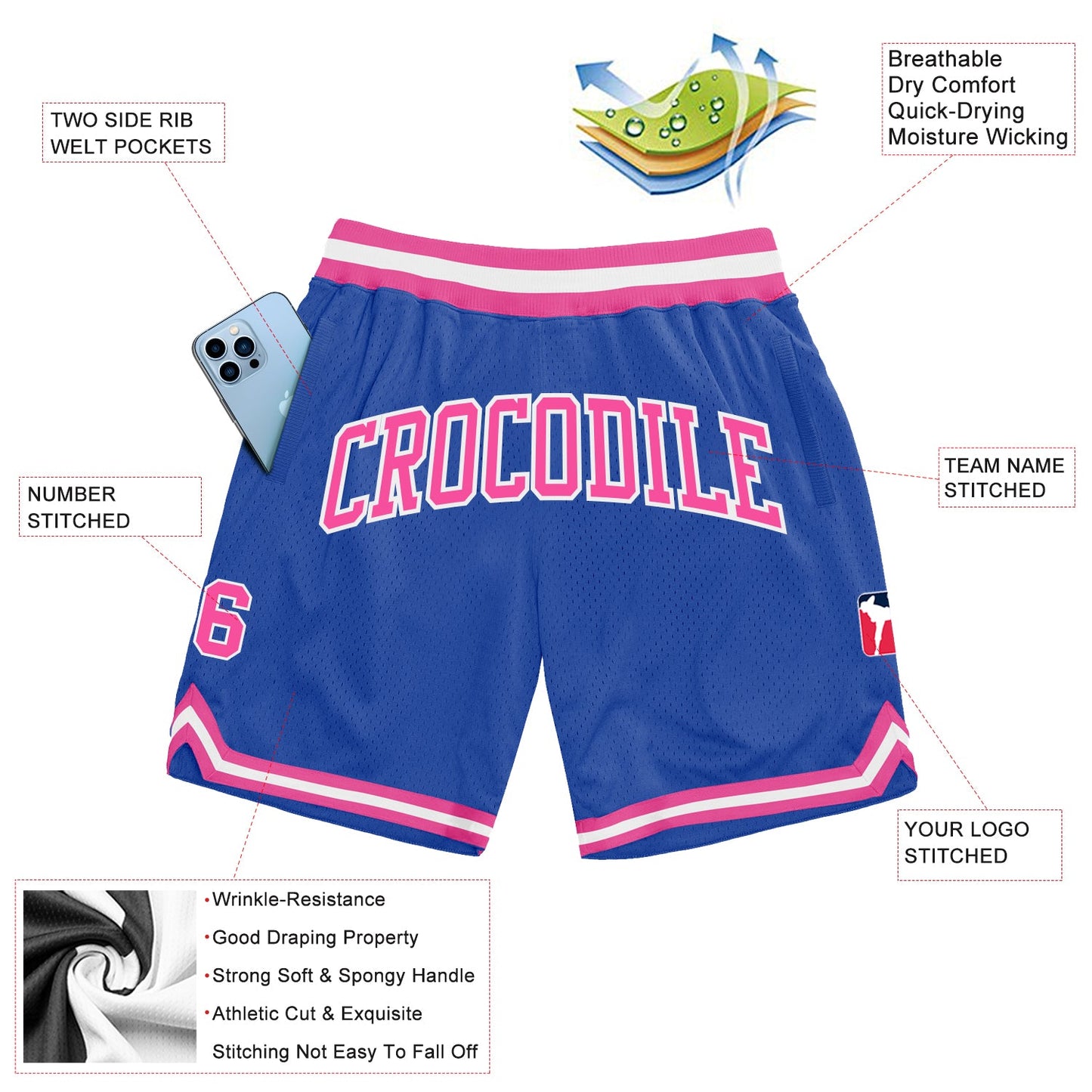 Custom Blue Pink-White Authentic Throwback Basketball Shorts view 2