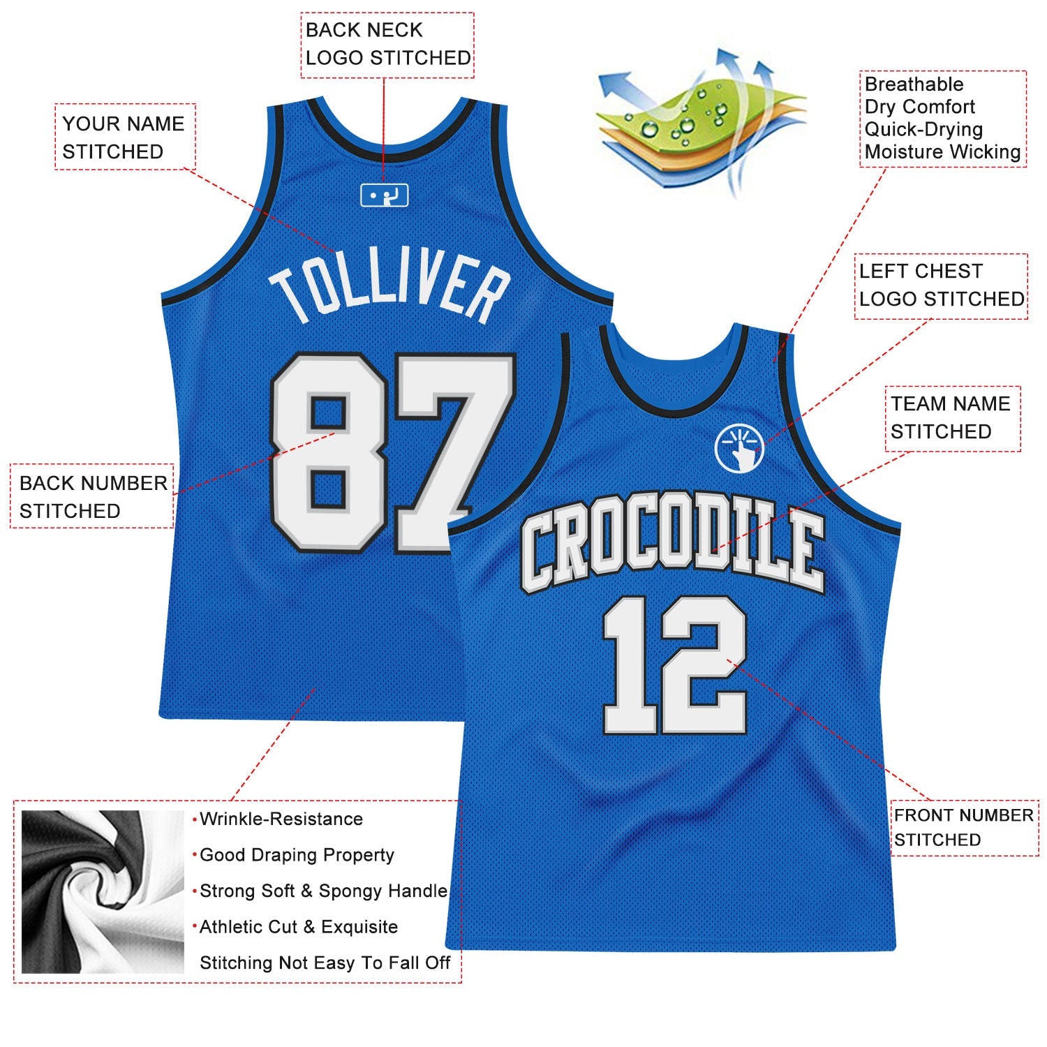 Custom Blue White Gray-Black Authentic Throwback Basketball Jersey view 2