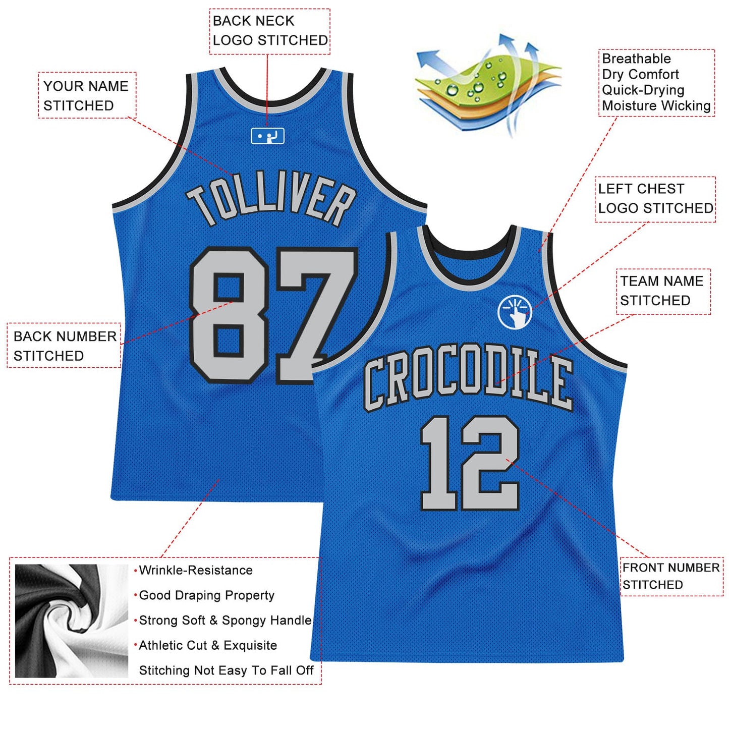 Custom Blue Gray-Black Authentic Throwback Basketball Jersey view 2