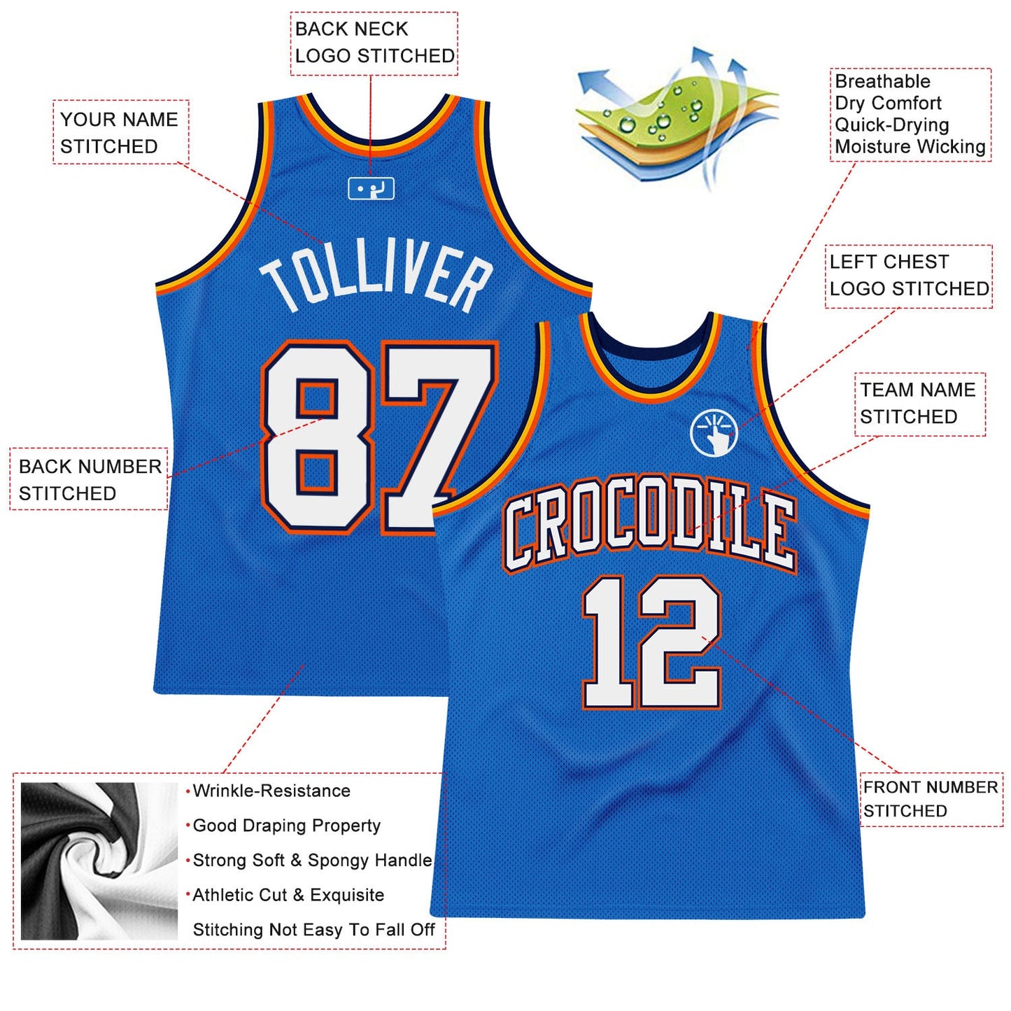 Custom Blue White Navy-Orange Authentic Throwback Basketball Jersey view 2