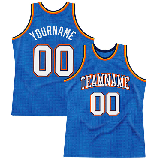 Custom Blue White Navy-Orange Authentic Throwback Basketball Jersey - Main View