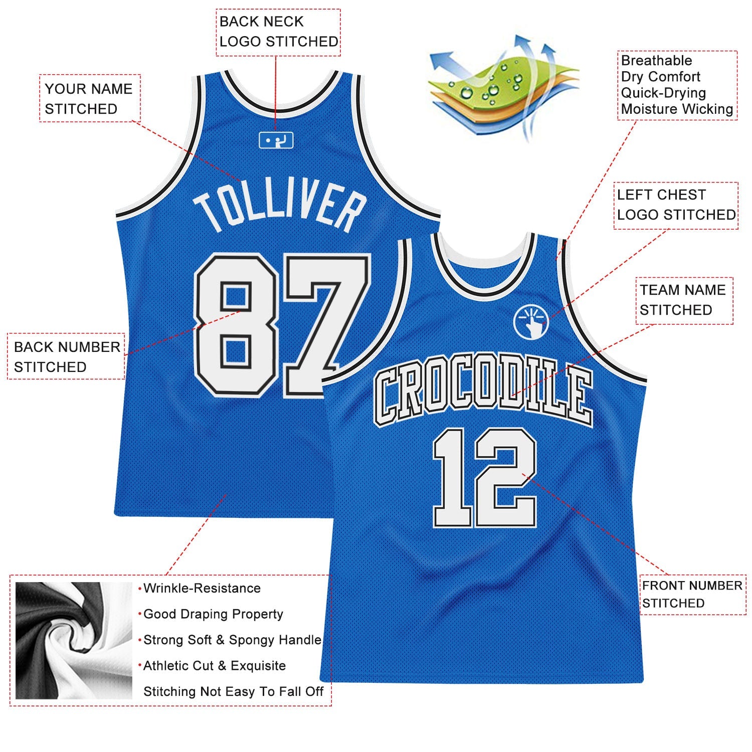Custom Blue White-Black Authentic Throwback Basketball Jersey view 2