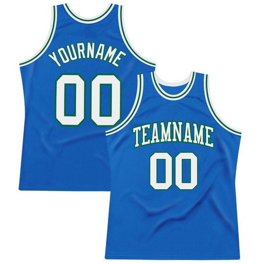 Custom Blue White-Kelly Green Authentic Throwback Basketball Jersey - Main View