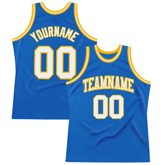 Custom Blue White-Gold Authentic Throwback Basketball Jersey - Main View