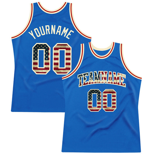 Custom Blue Vintage USA Flag-Cream Authentic Throwback Basketball Jersey - Main View