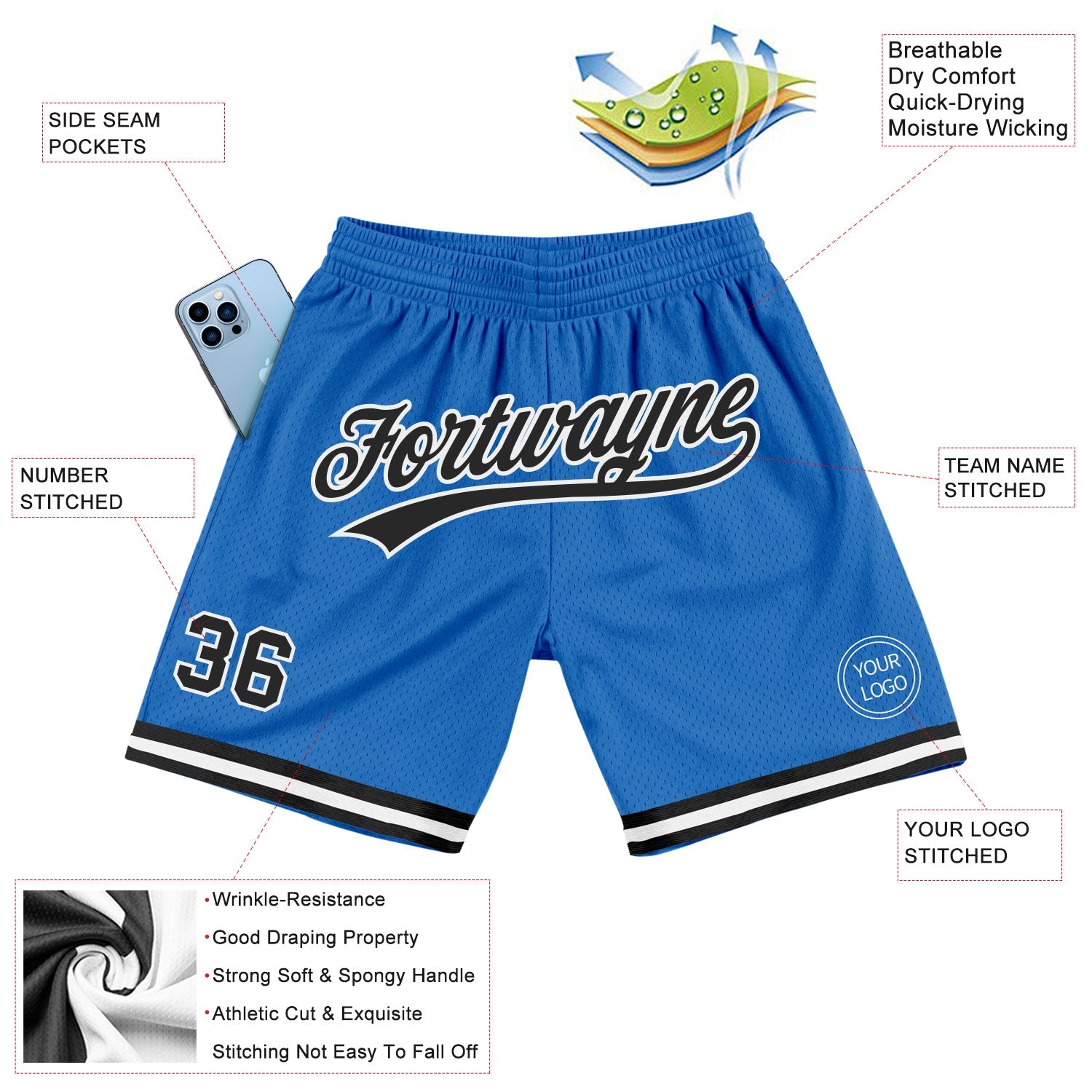 Custom Blue Black-White Authentic Throwback Basketball Shorts view 2