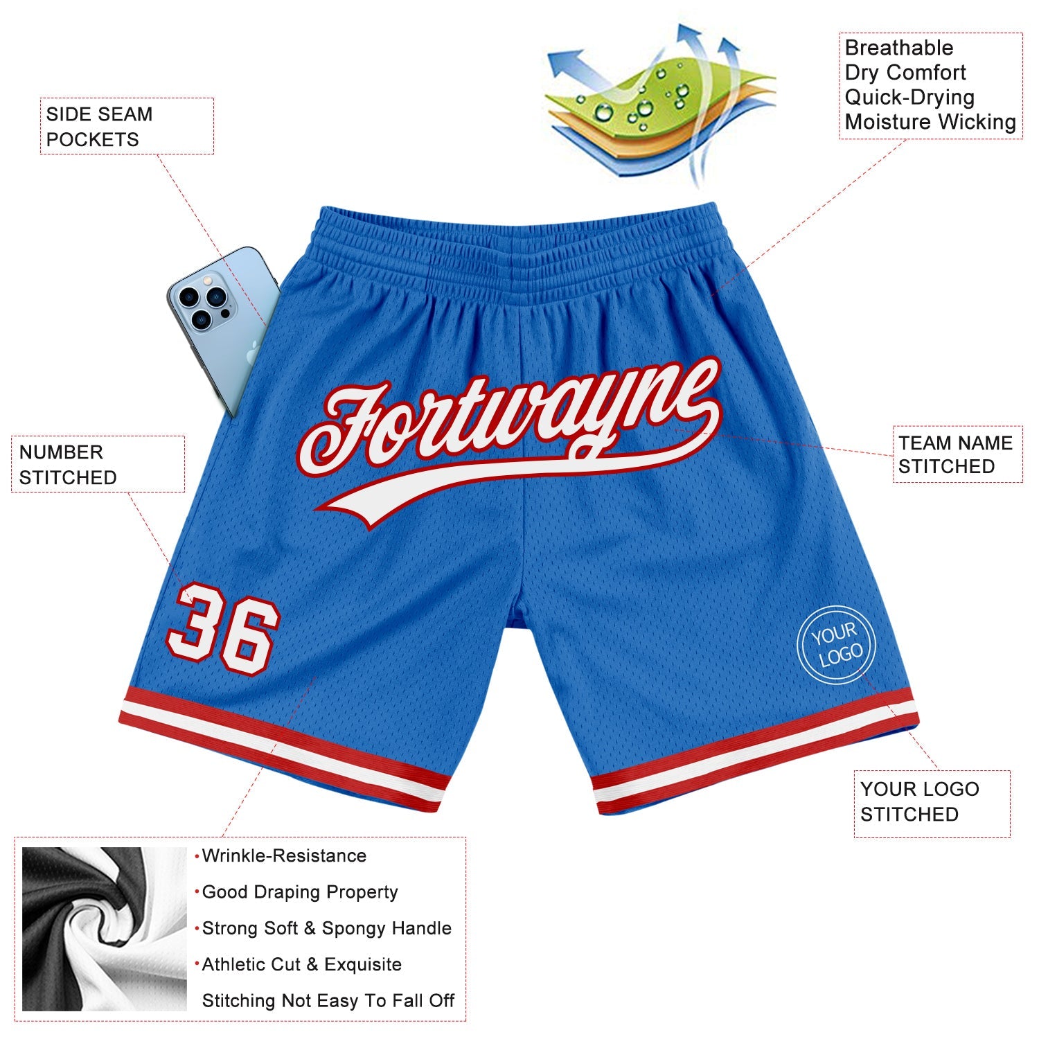 Custom Blue White-Red Authentic Throwback Basketball Shorts view 2