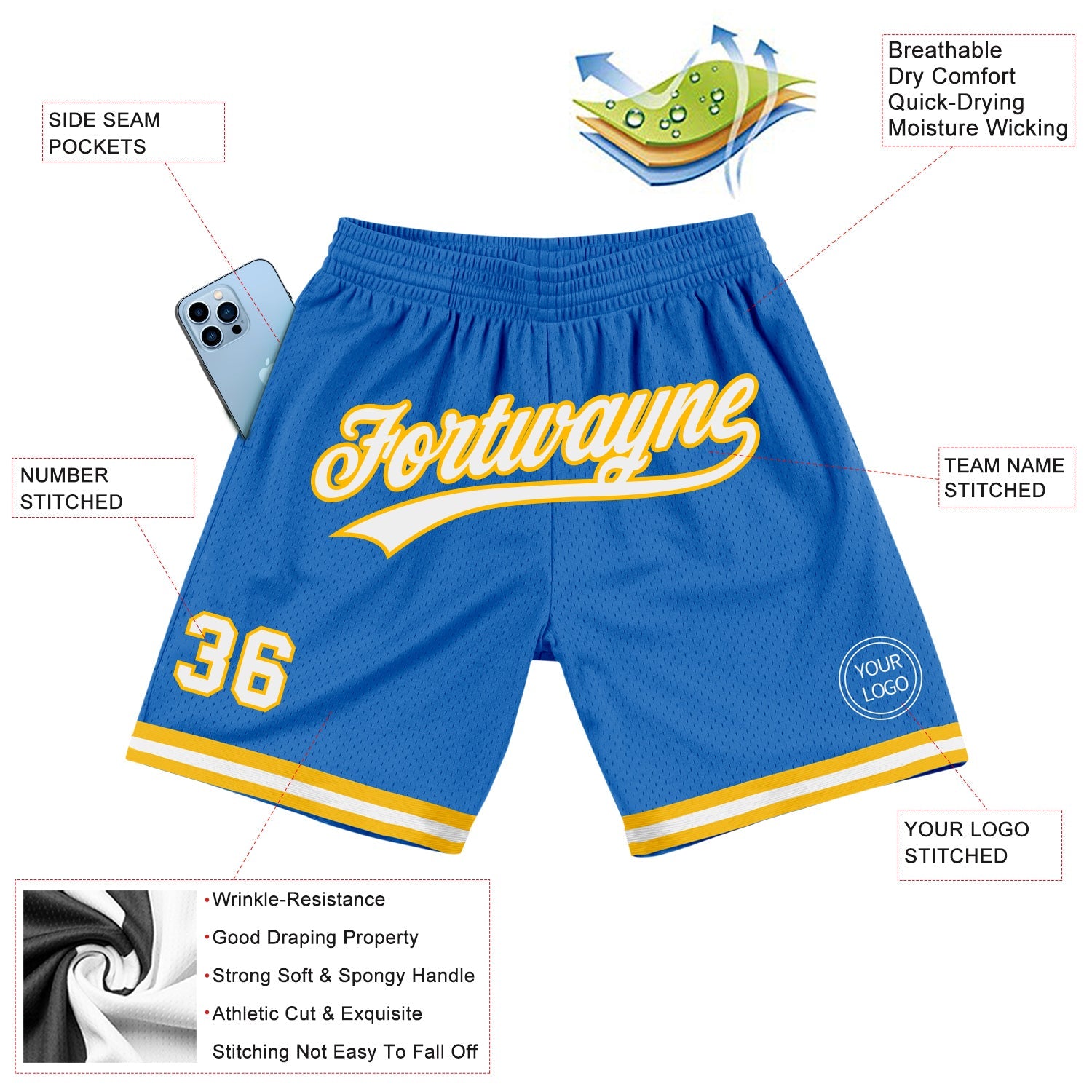 Custom Blue White-Gold Authentic Throwback Basketball Shorts view 2