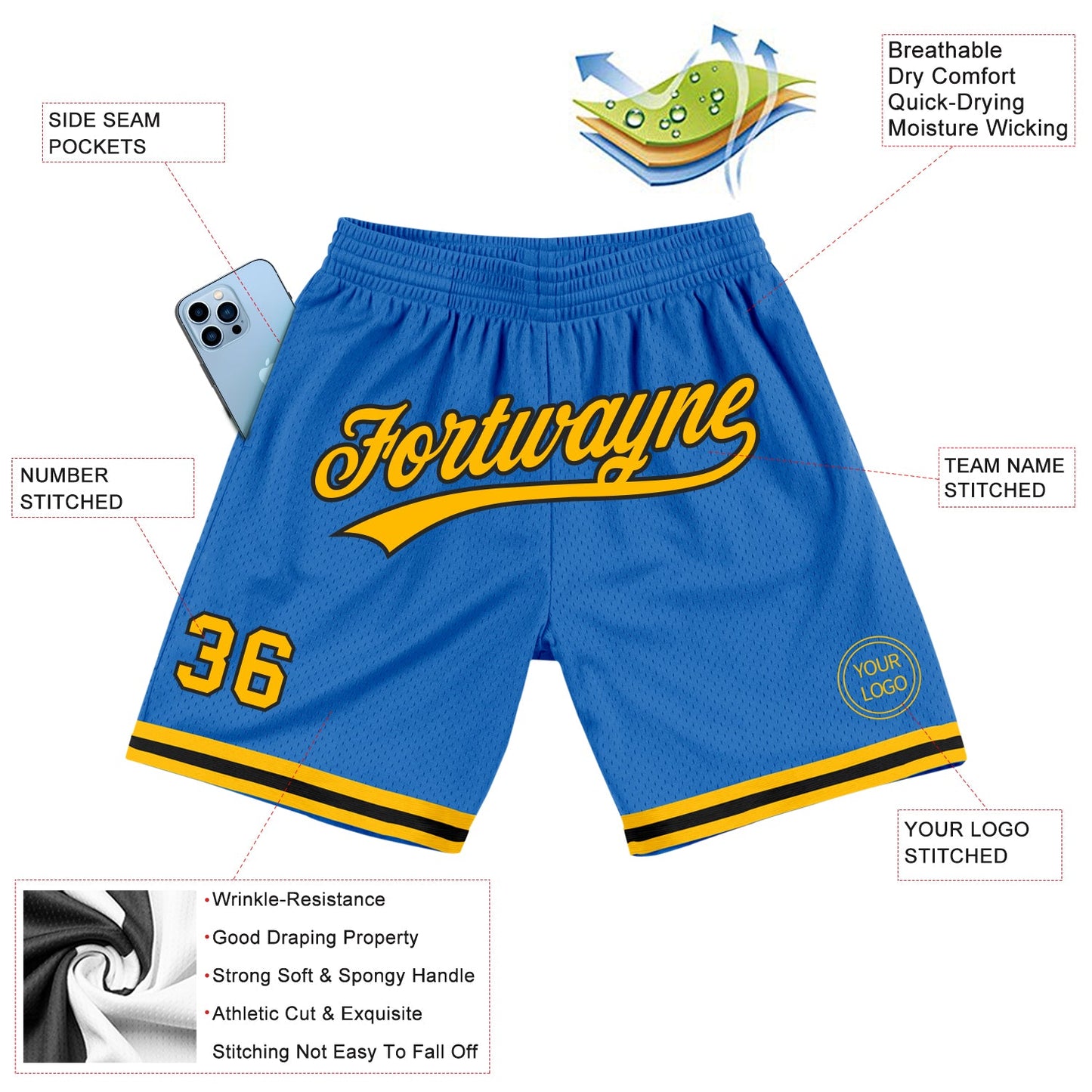 Custom Blue Gold-Black Authentic Throwback Basketball Shorts view 2