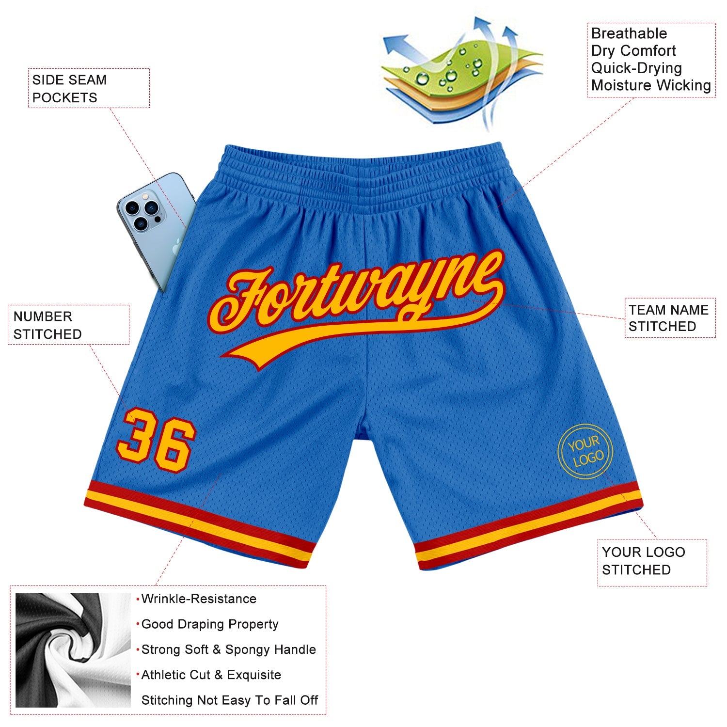 Custom Blue Gold-Red Authentic Throwback Basketball Shorts view 2