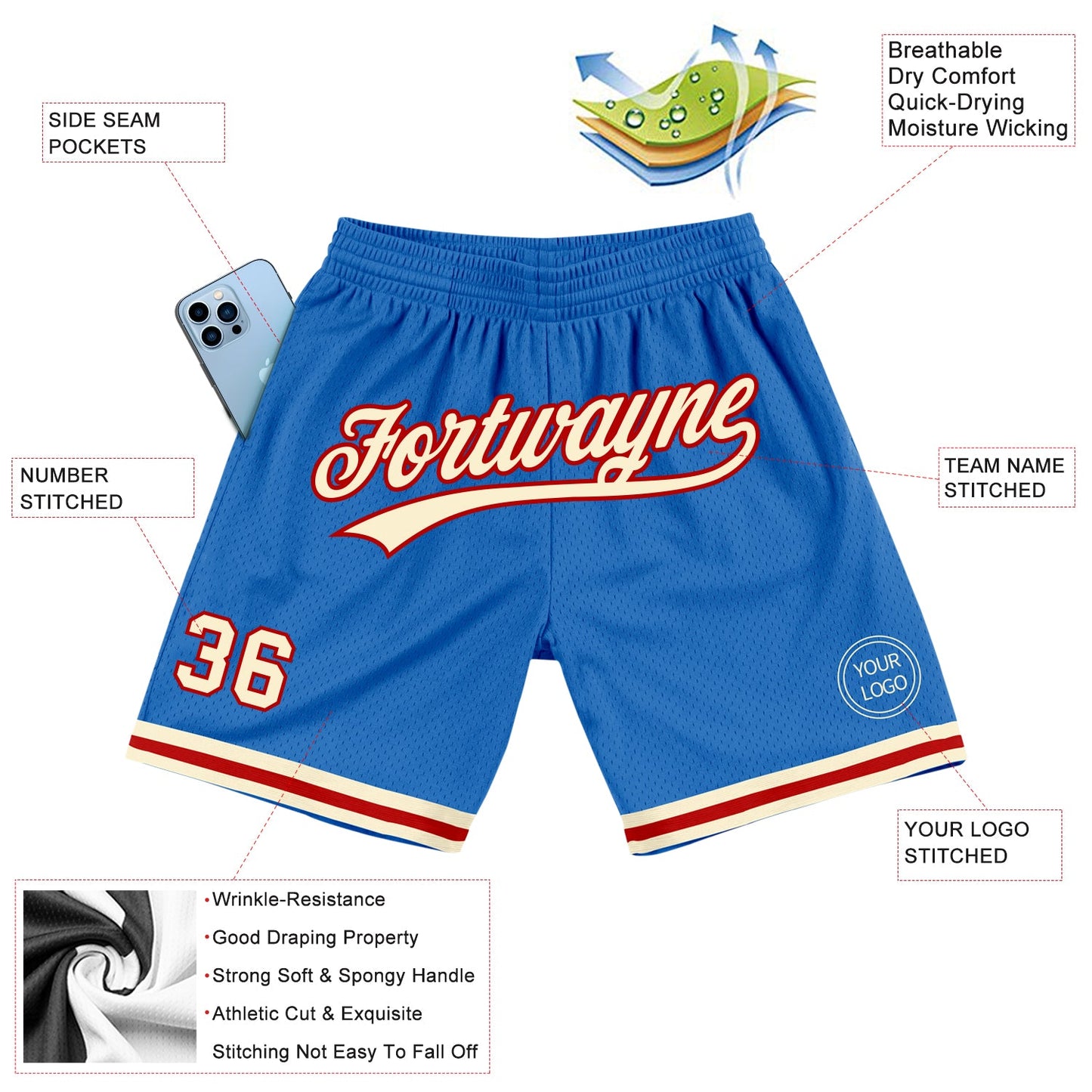 Custom Blue Cream-Red Authentic Throwback Basketball Shorts view 2
