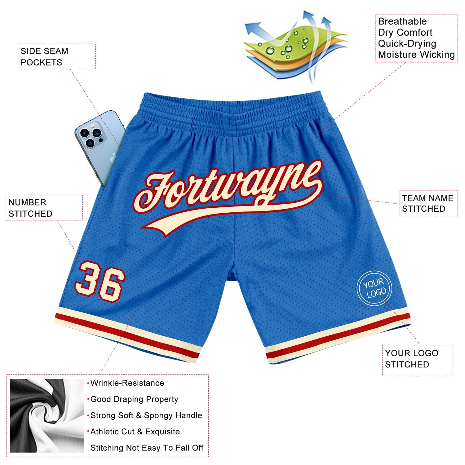 Custom Blue Cream-Red Authentic Throwback Basketball Shorts view 2