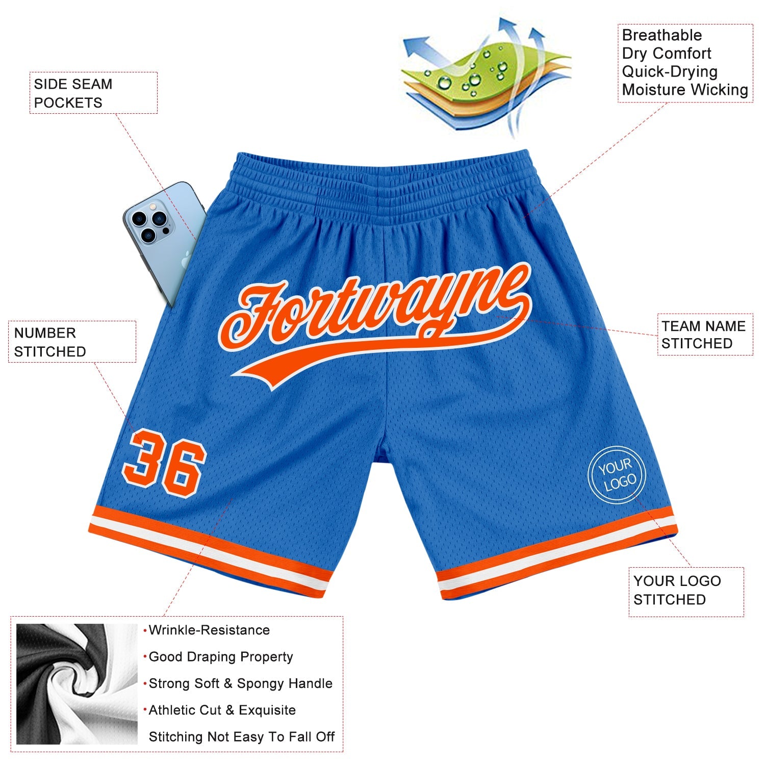 Custom Blue Orange-White Authentic Throwback Basketball Shorts view 2