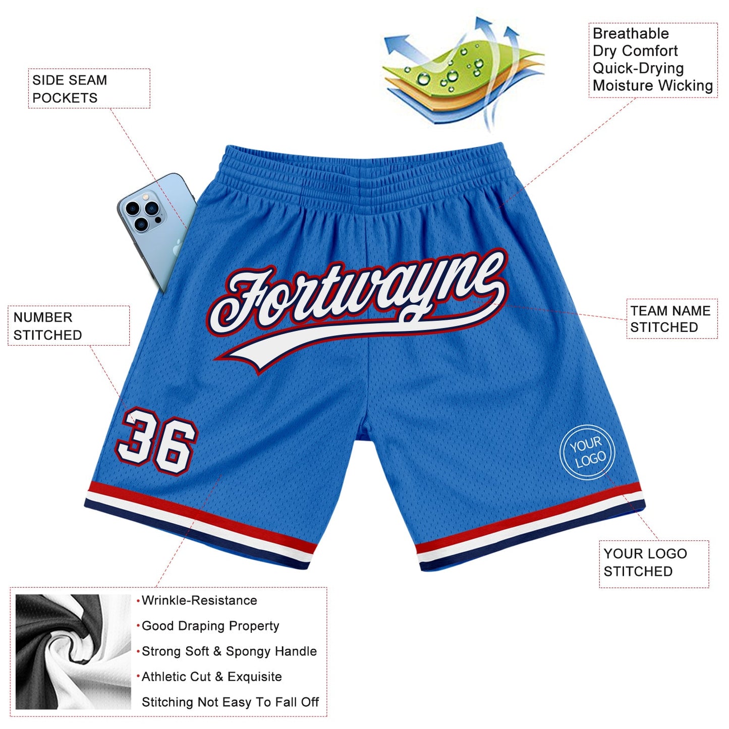 Custom Blue White Navy-Red Authentic Throwback Basketball Shorts view 2