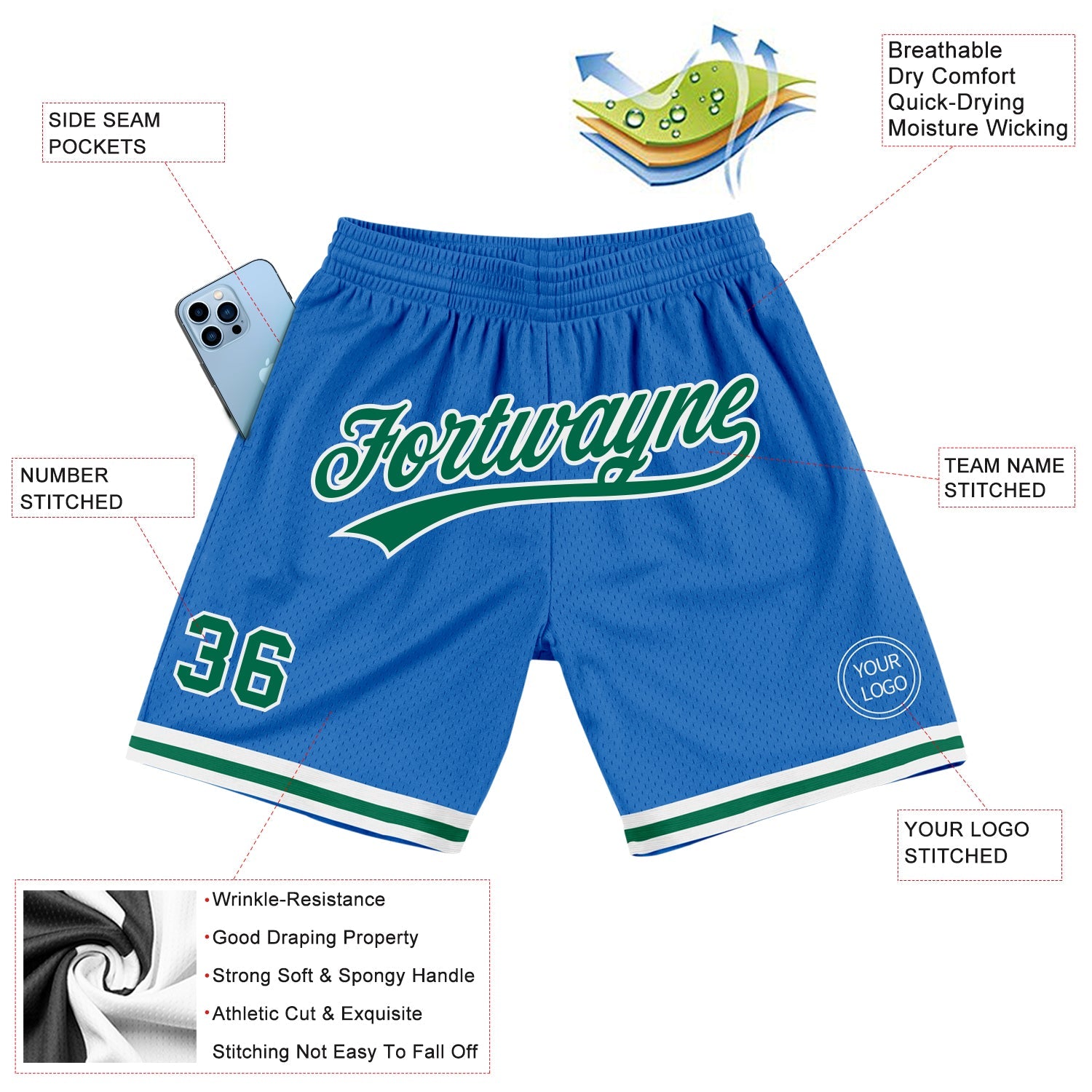 Custom Blue Kelly Green-White Authentic Throwback Basketball Shorts view 2