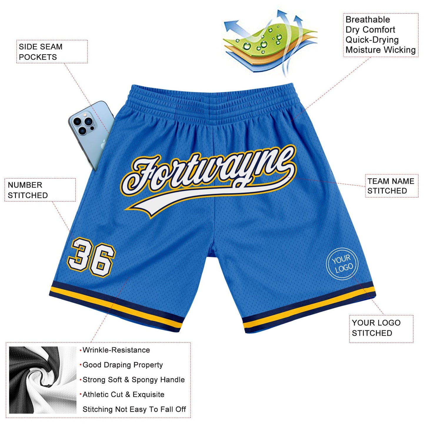 Custom Blue White Navy-Gold Authentic Throwback Basketball Shorts view 2