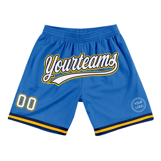 Custom Blue White Navy-Gold Authentic Throwback Basketball Shorts - Main View