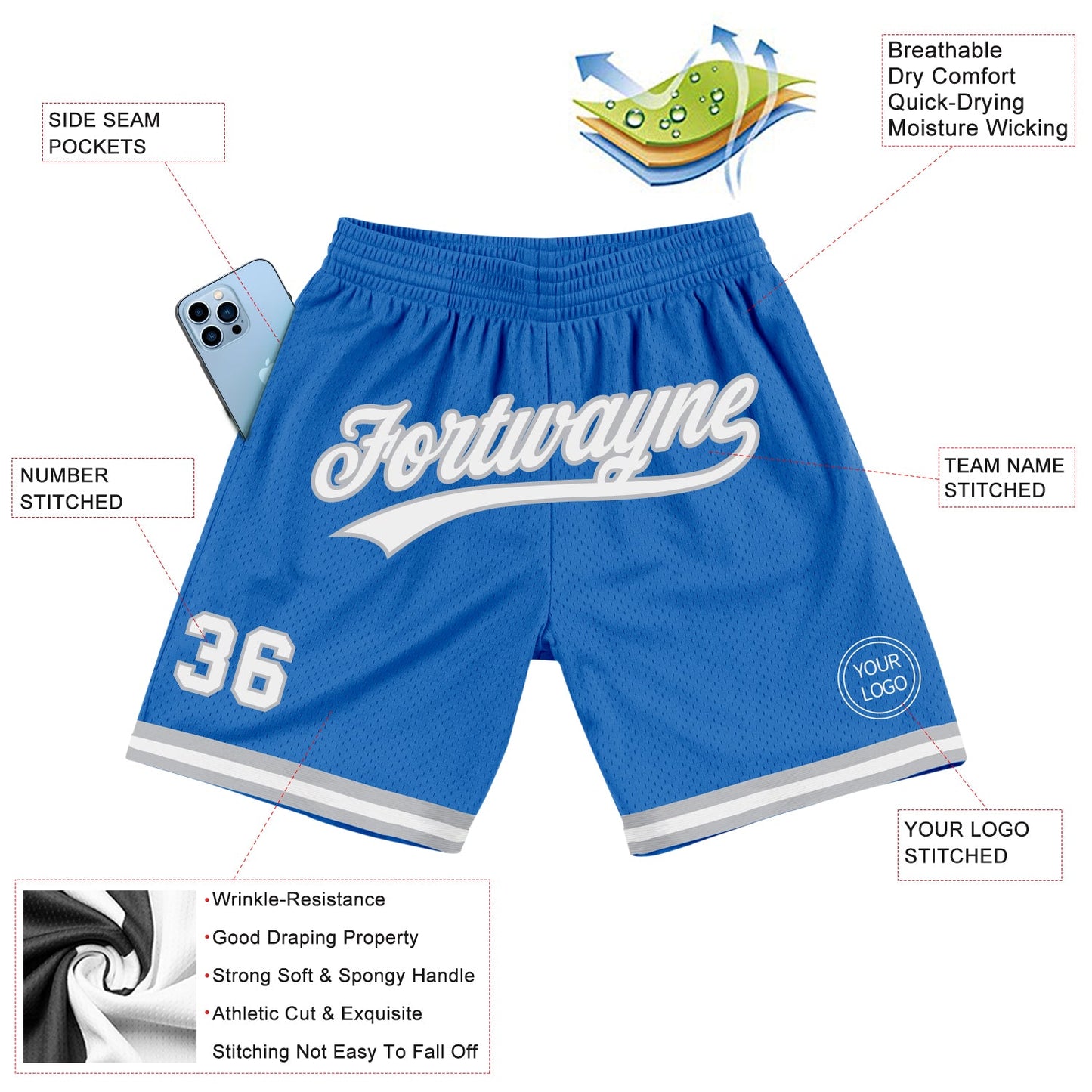 Custom Blue White-Gray Authentic Throwback Basketball Shorts view 2
