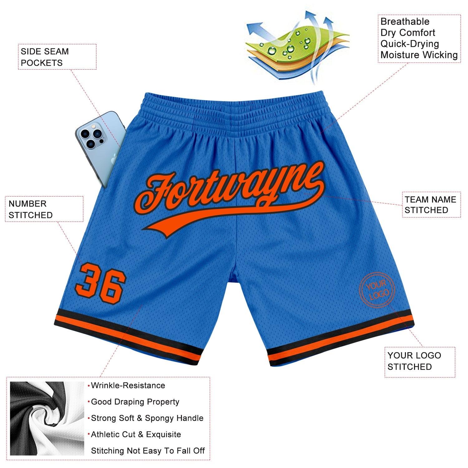 Custom Blue Orange-Black Authentic Throwback Basketball Shorts view 2