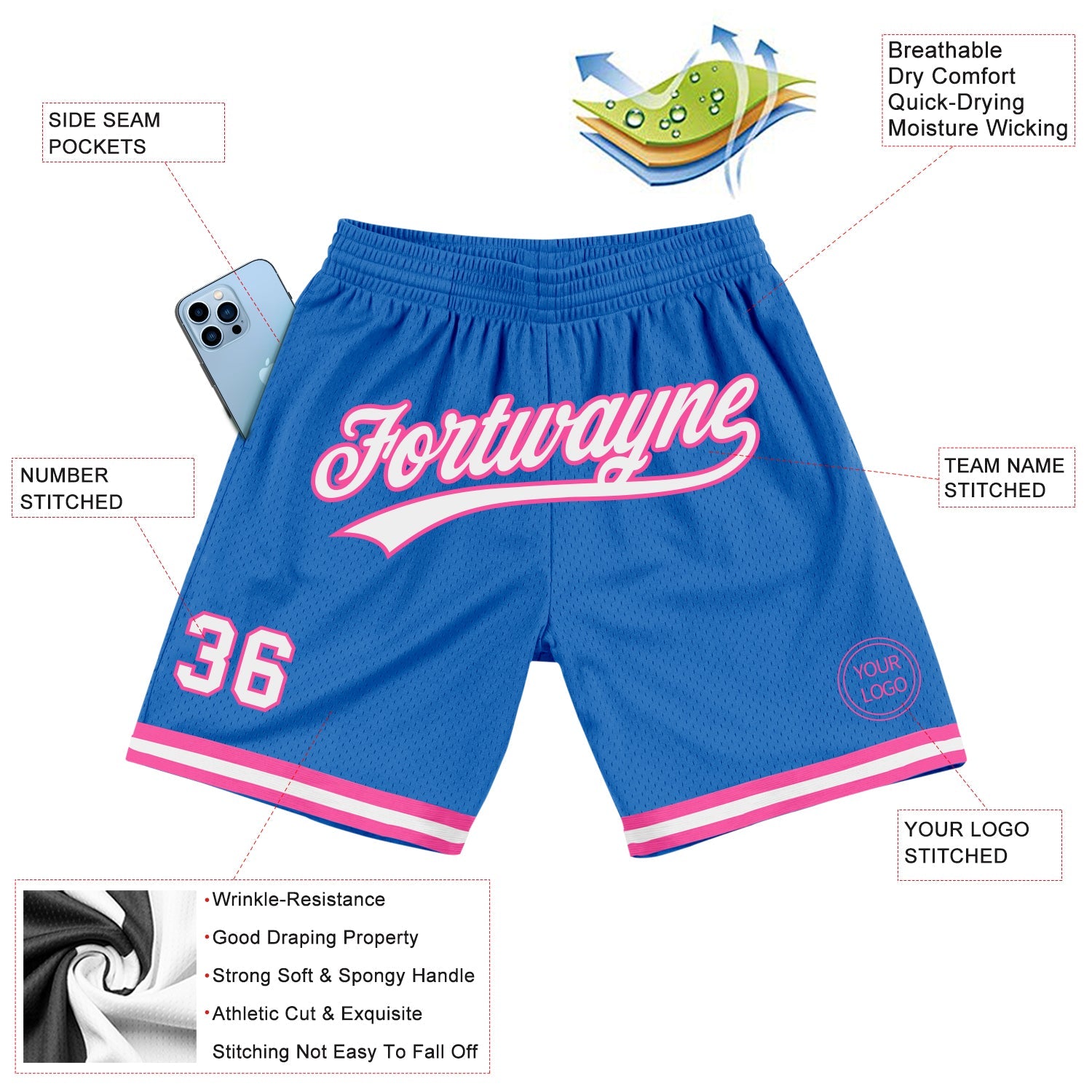 Custom Blue White-Pink Authentic Throwback Basketball Shorts view 2