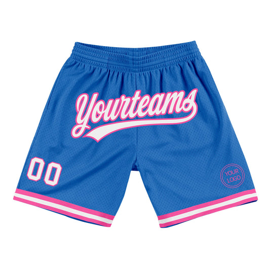 Custom Blue White-Pink Authentic Throwback Basketball Shorts - Main View