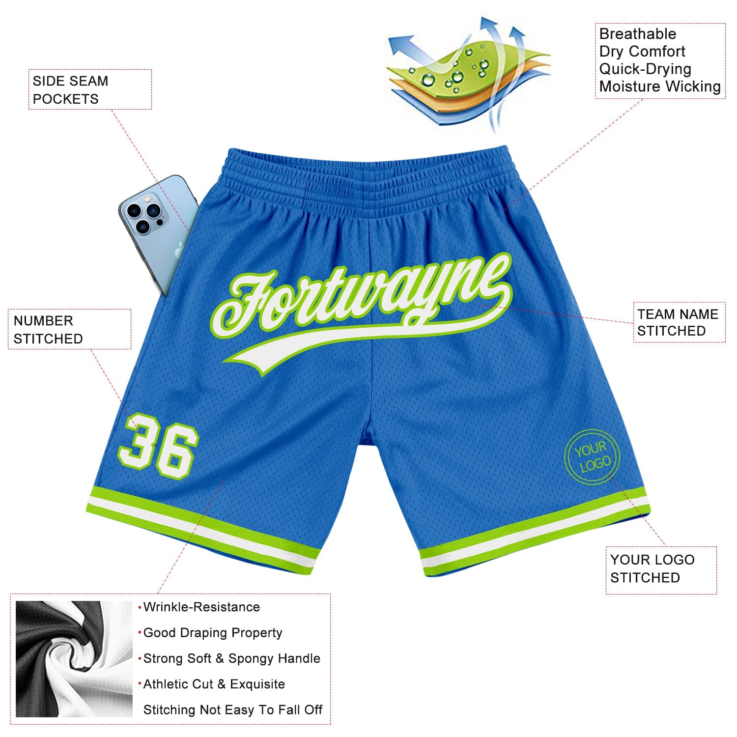 Custom Blue White-Neon Green Authentic Throwback Basketball Shorts view 2