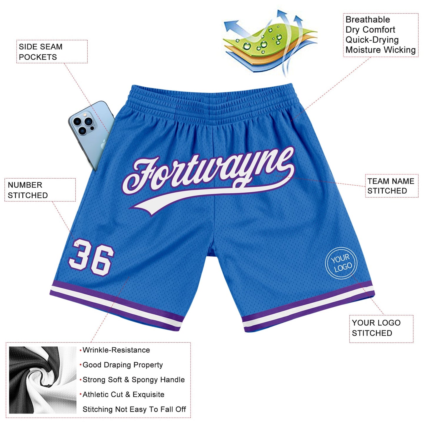 Custom Blue White-Purple Authentic Throwback Basketball Shorts view 2