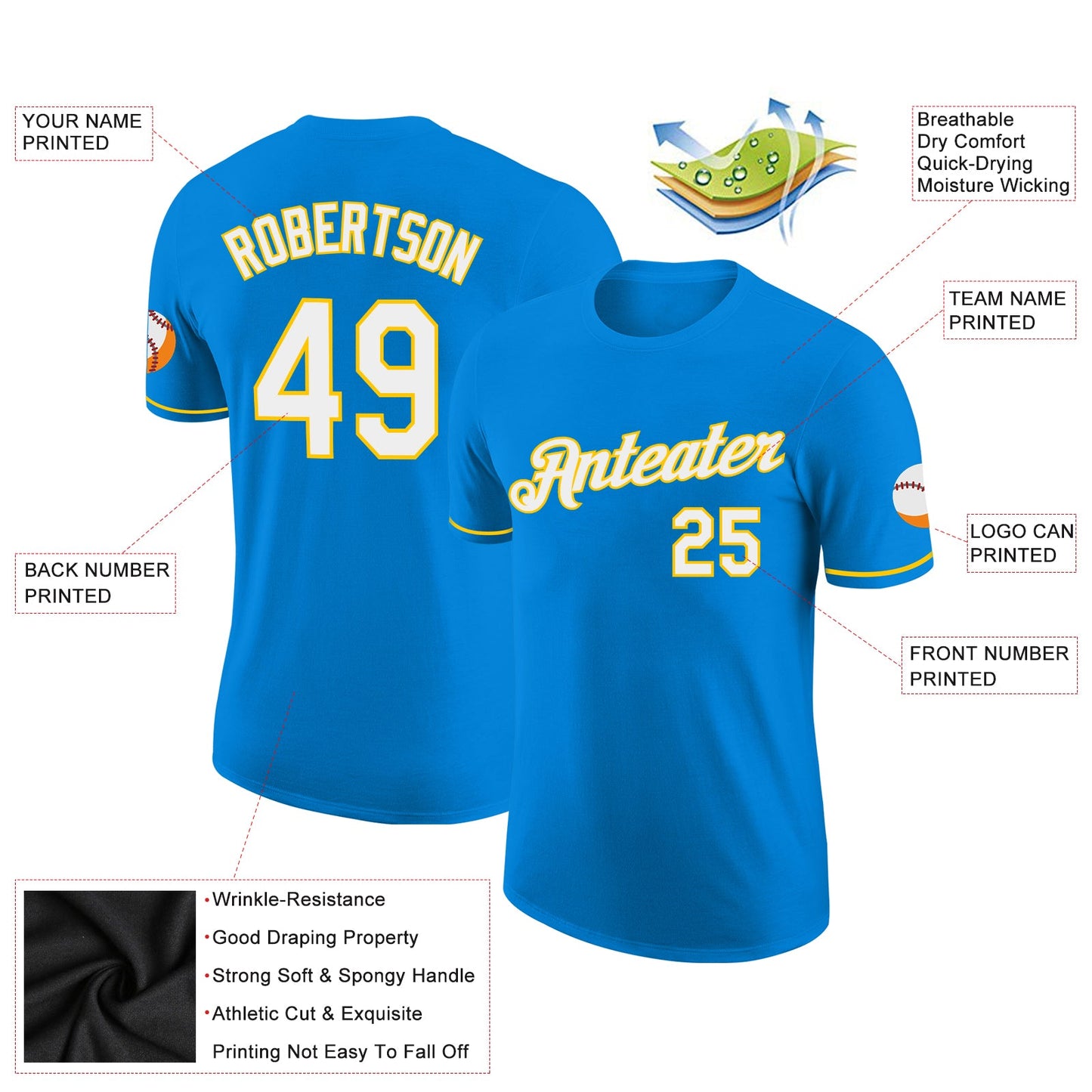Custom Blue White-Yellow Performance T-Shirt view 2