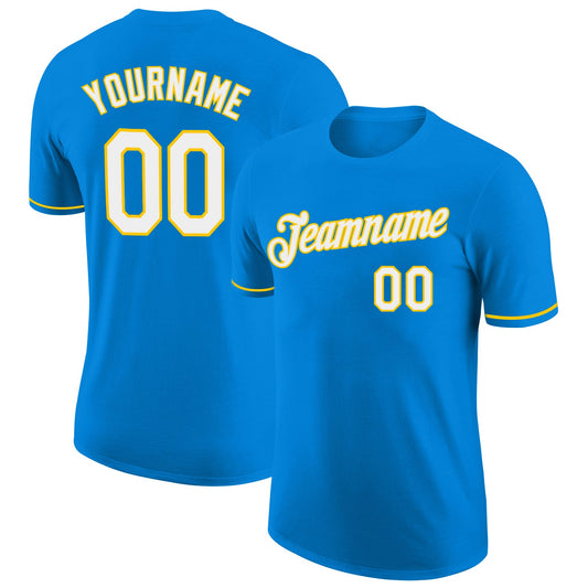 Custom Blue White-Yellow Performance T-Shirt - Main View