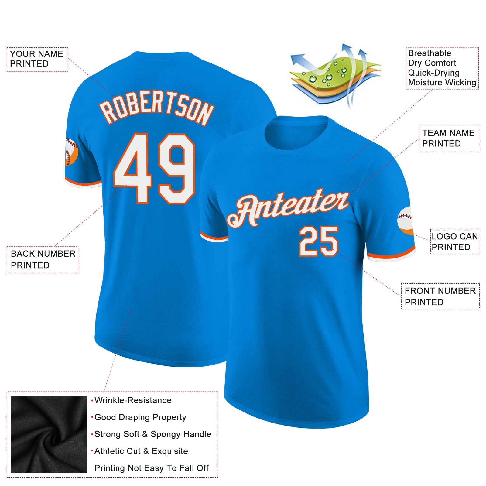 Custom Blue White-Orange Performance T-Shirt view 2
