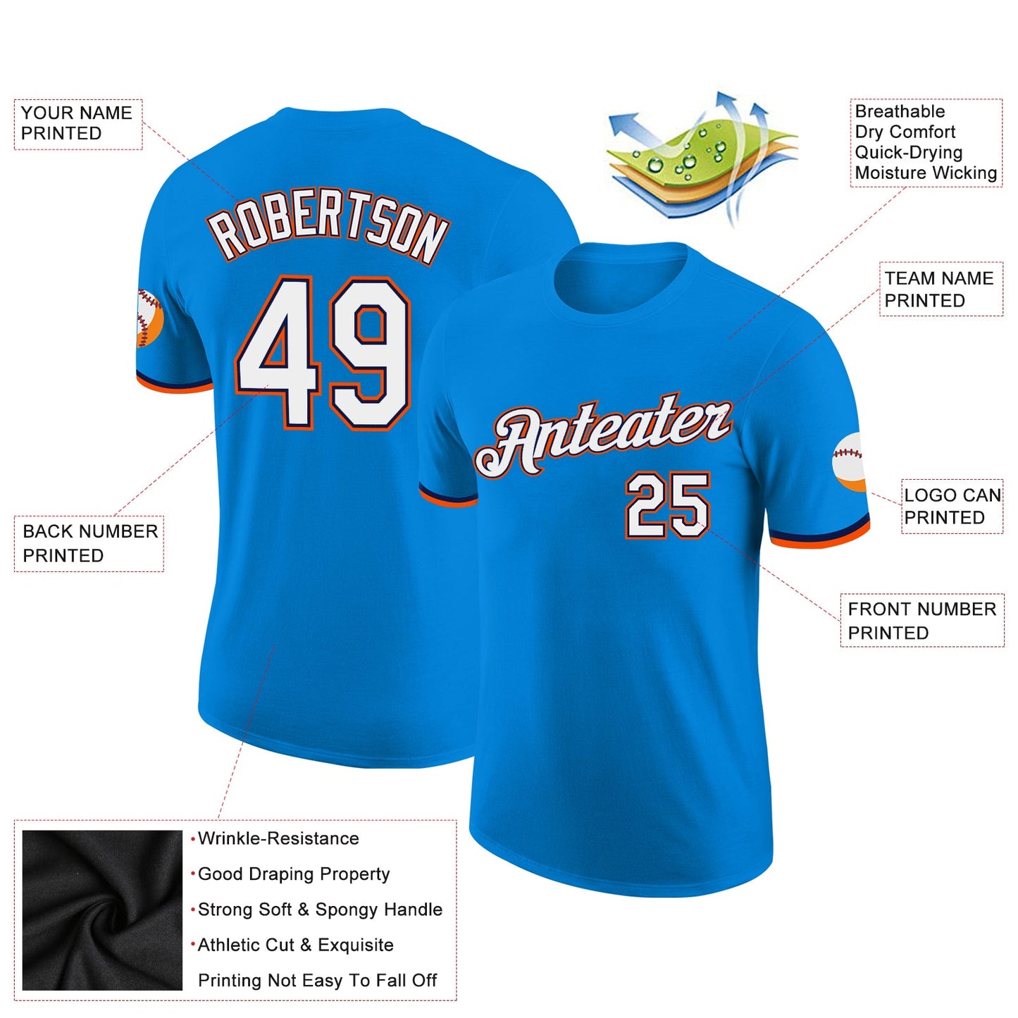 Custom Blue White Navy-Orange Performance T-Shirt view 2