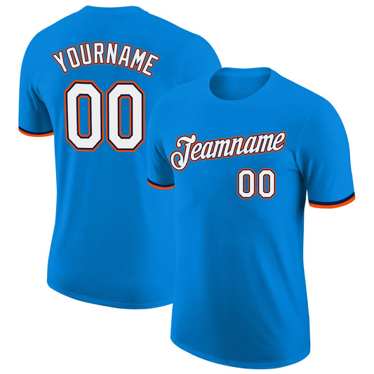 Custom Blue White Navy-Orange Performance T-Shirt - Main View