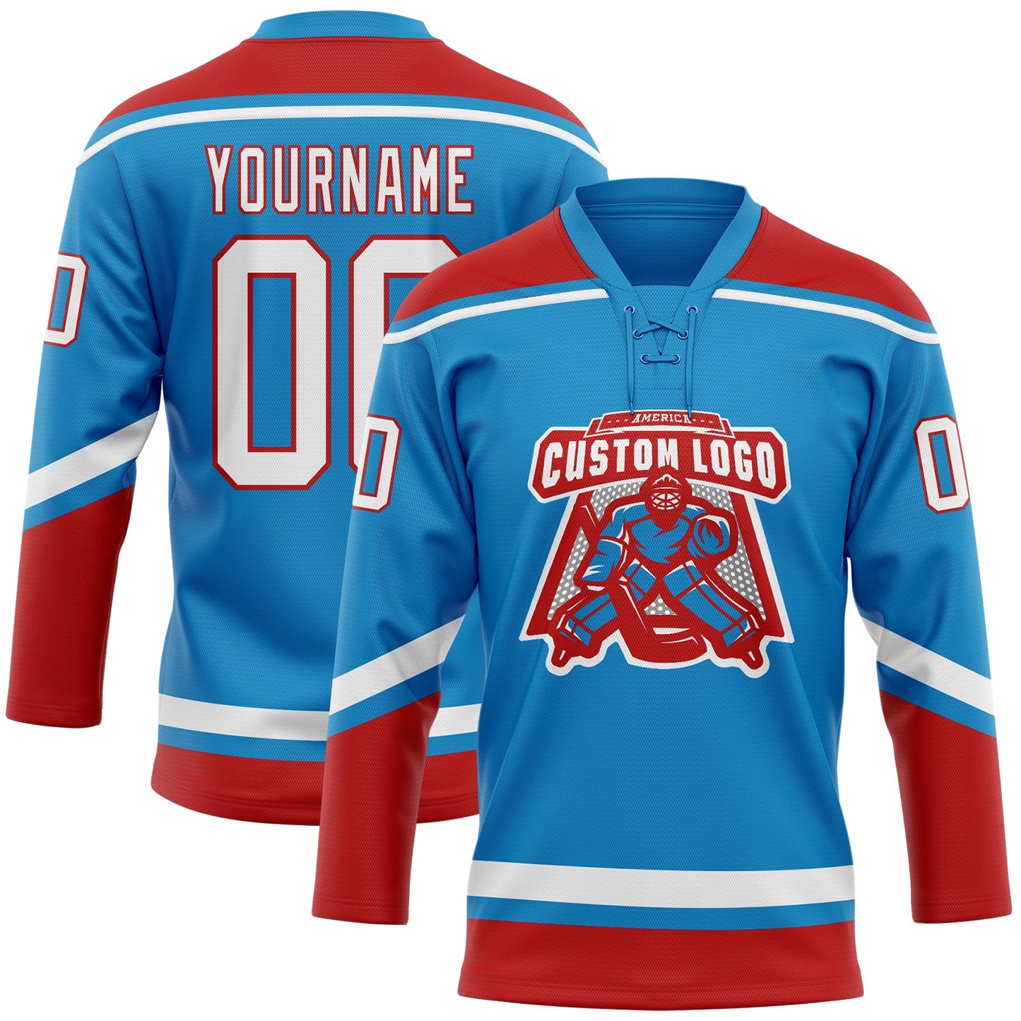 Custom Blue White-Red Hockey Lace Neck Jersey view 2