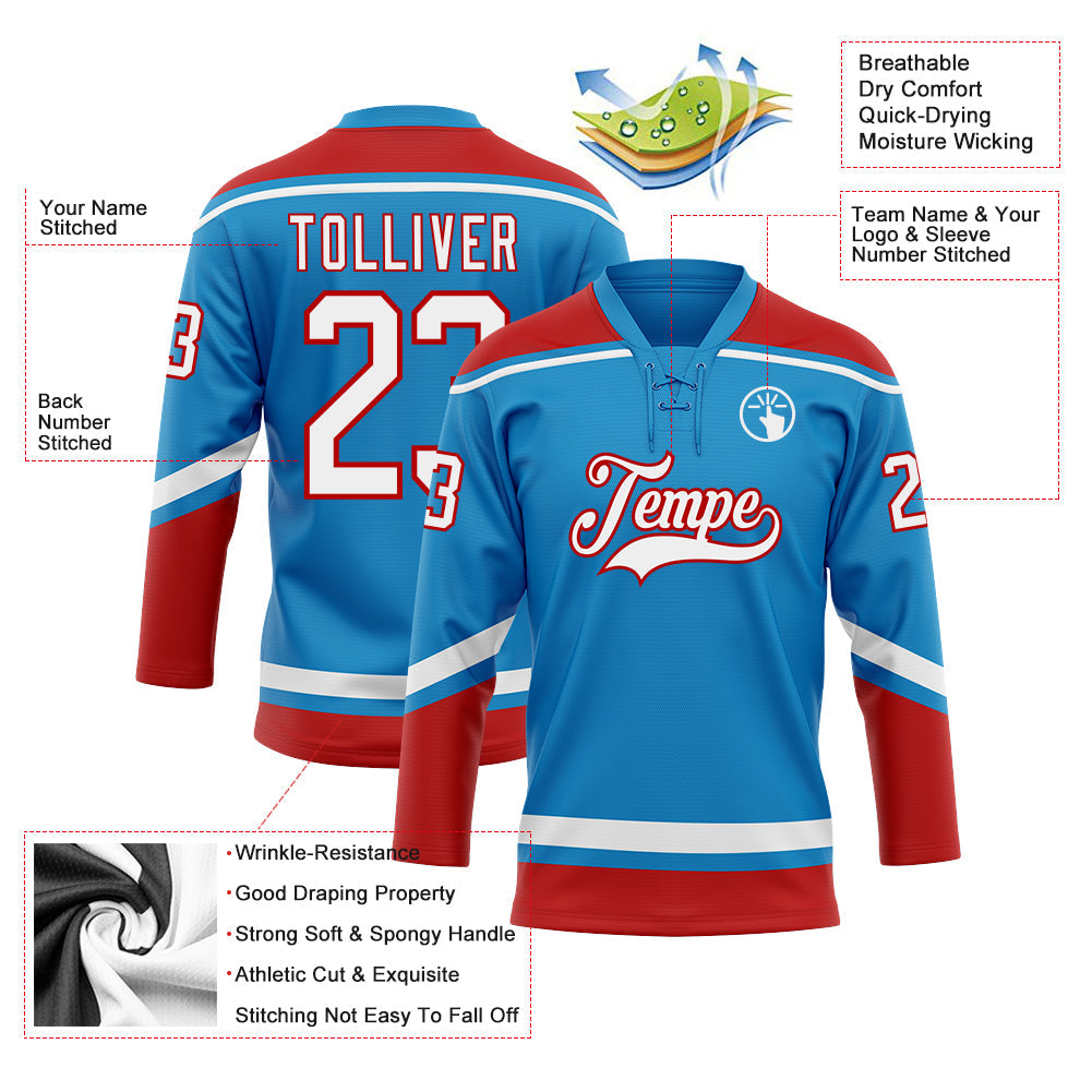 Custom Blue White-Red Hockey Lace Neck Jersey view 3