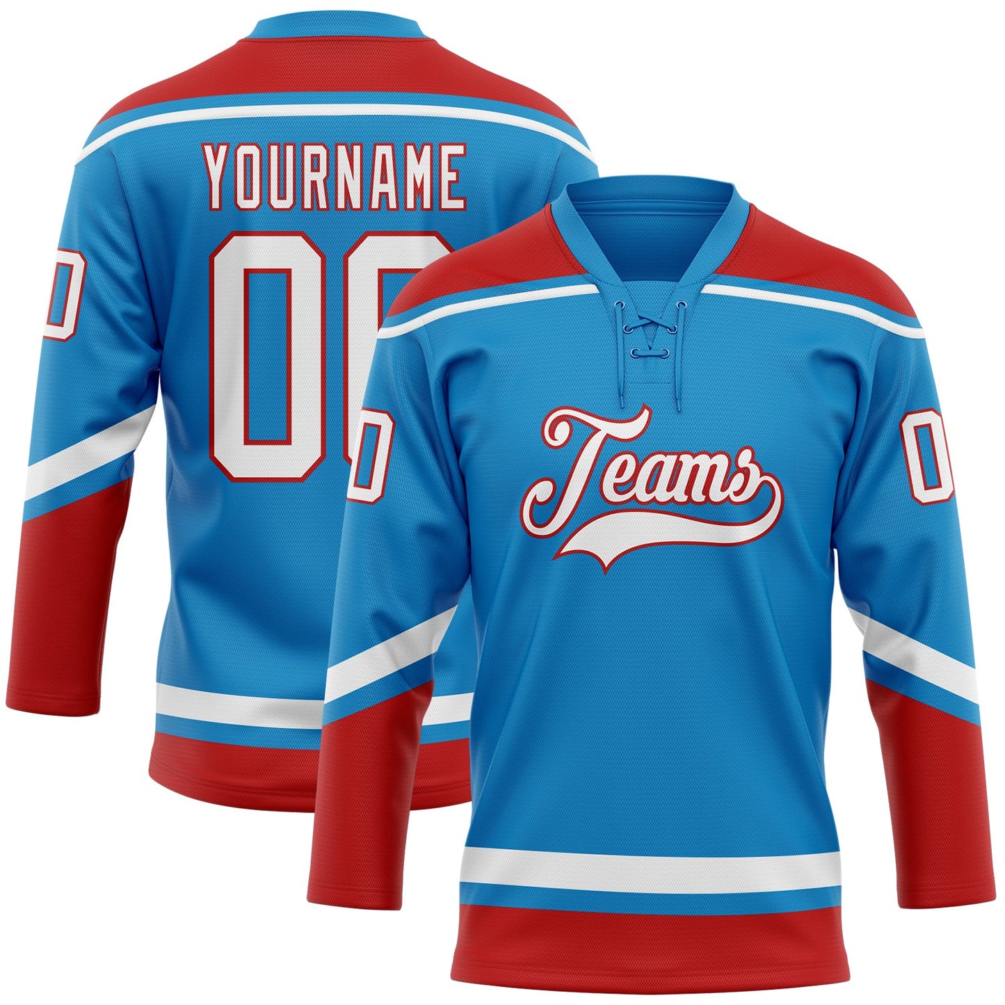 Custom Blue White-Red Hockey Lace Neck Jersey - Main View